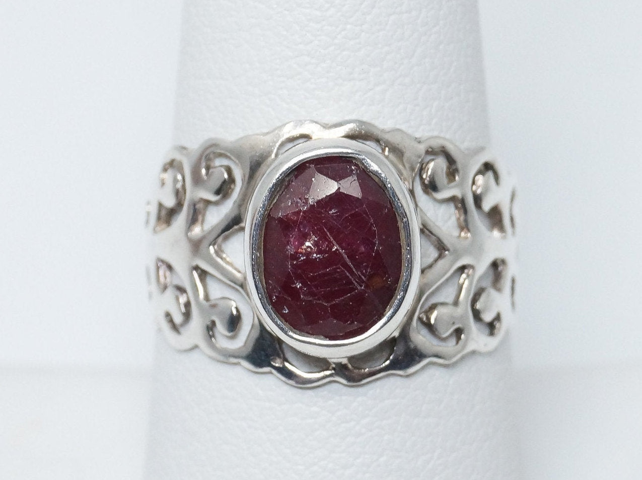 Vintage Art Deco Ruby Scroll Sterling Silver Ring - Size 8