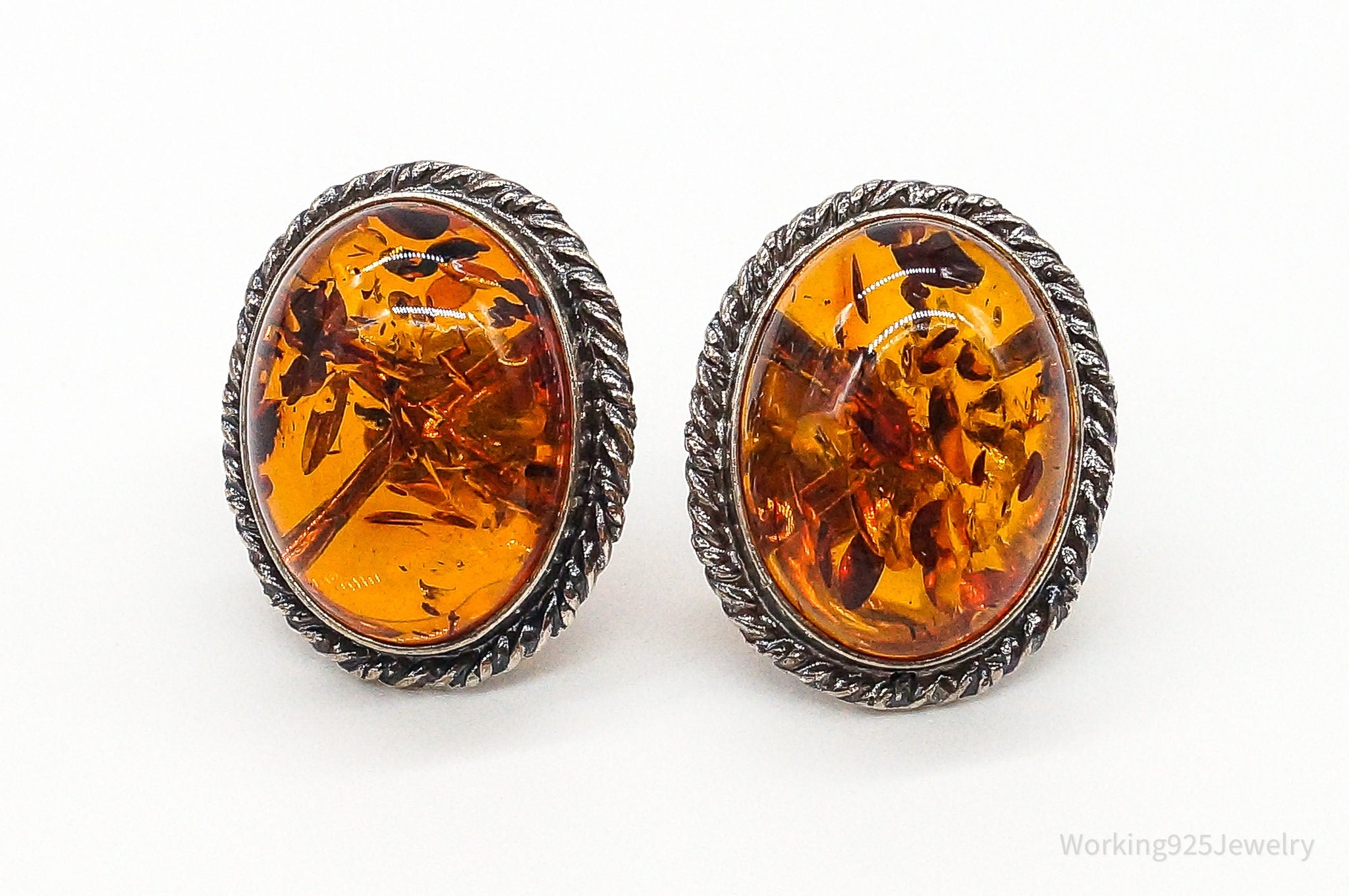 Vintage Amber Modernist Sterling Silver Earrings