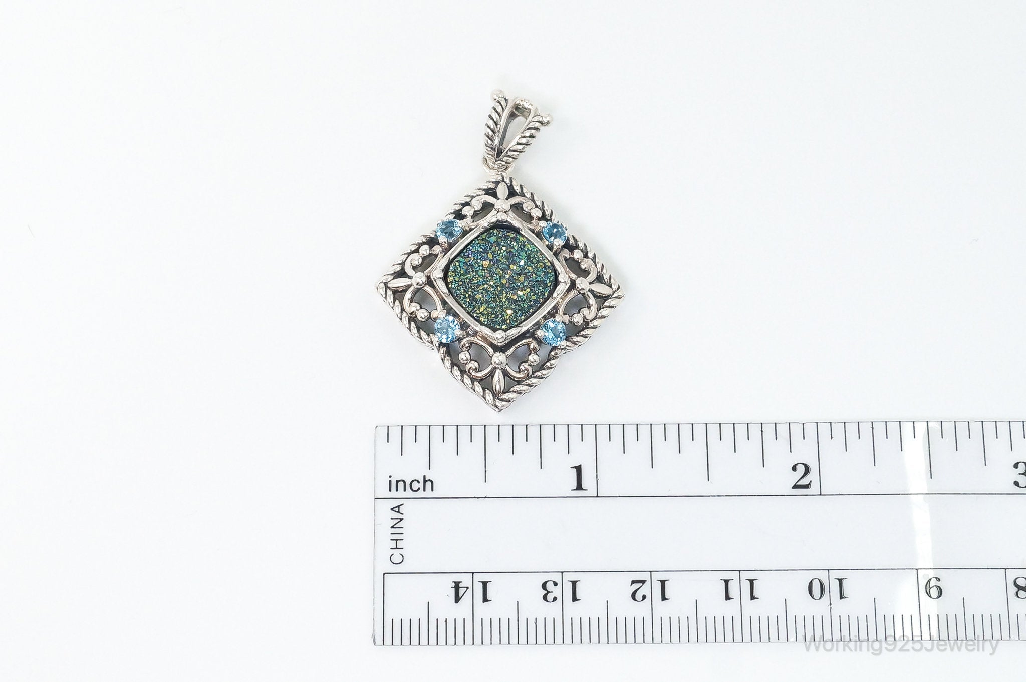 Vintage Druzy Quartz Blue Topaz Sterling Silver Necklace Pendant