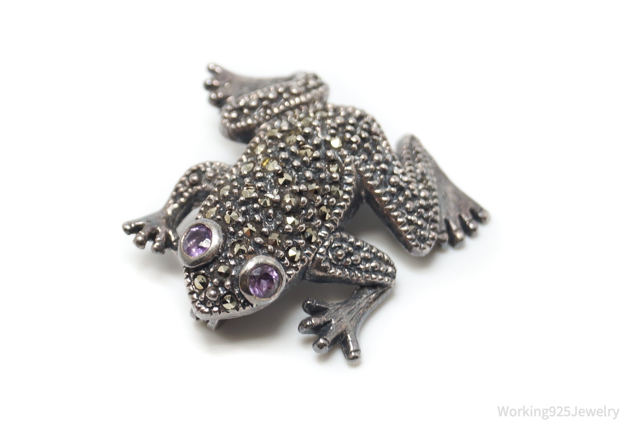 Vintage Art Deco Marcasite Amethyst Frog Sterling Silver Brooch Pin