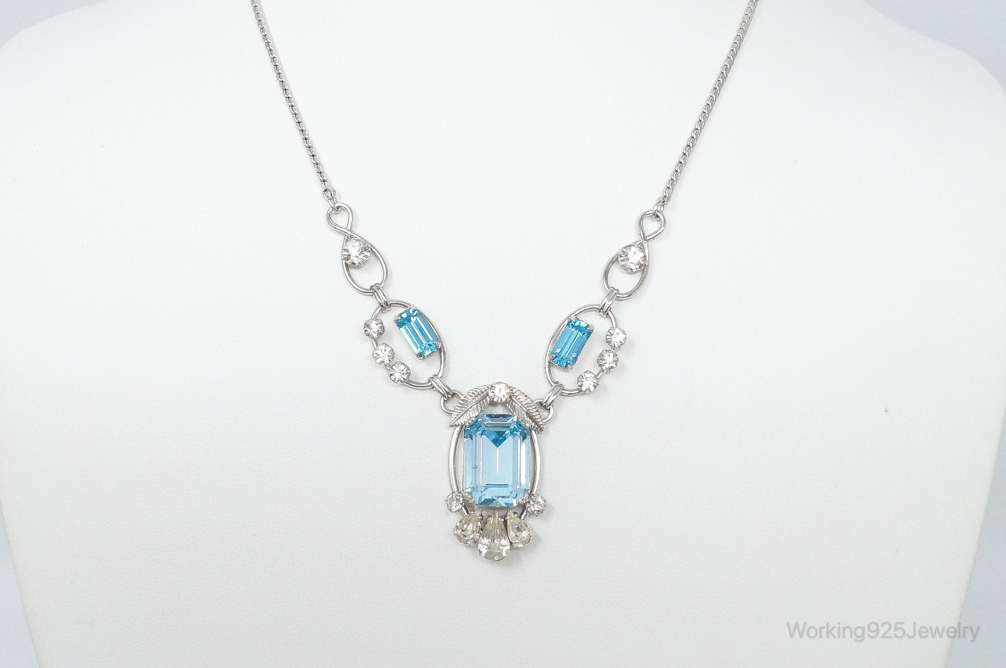 Vintage Designer Van Dell Blue Topaz Cubic Zirconia Sterling Silver Necklace