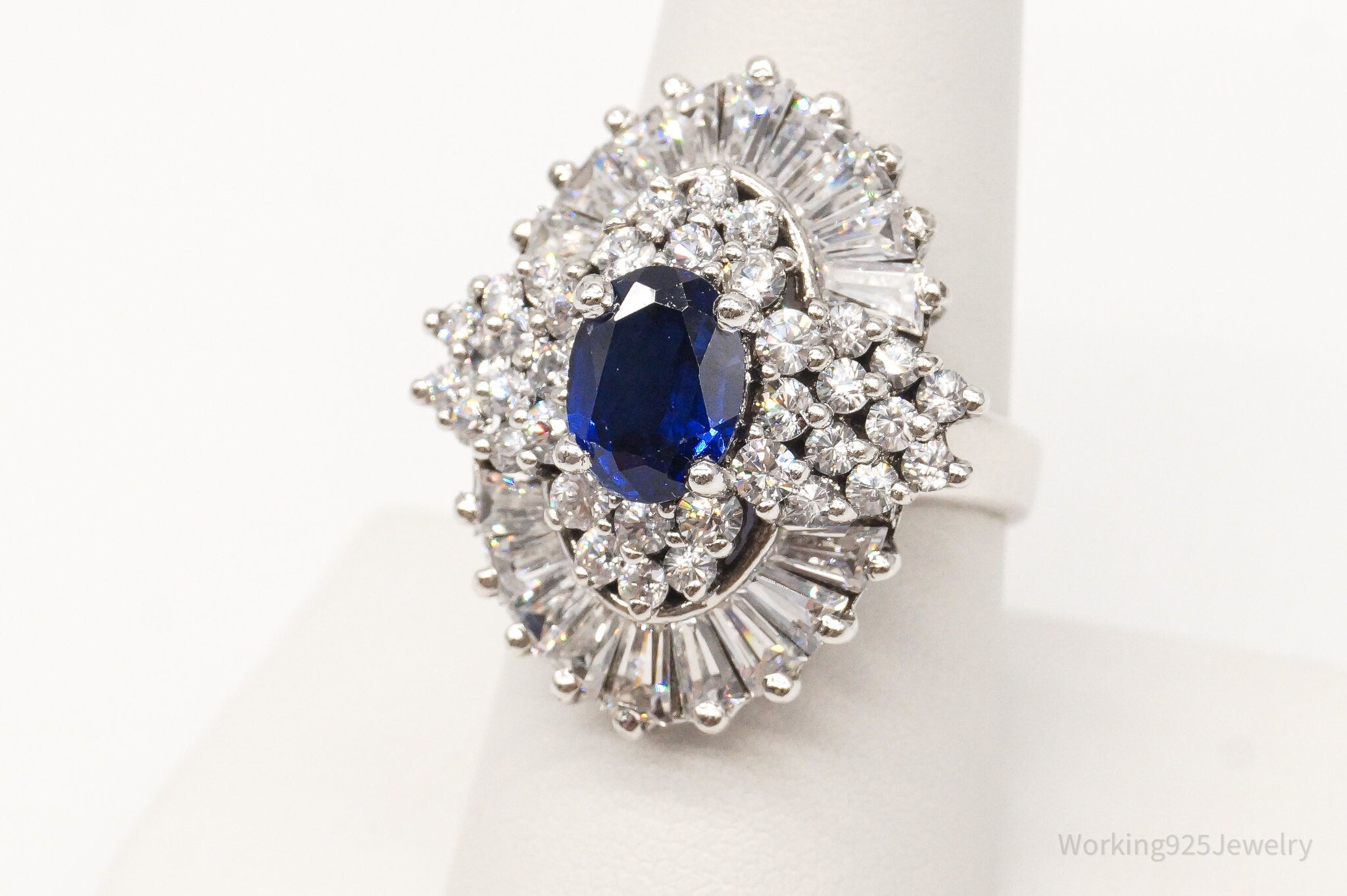 Vintage Lab Sapphire Cubic Zirconia Sterling Silver Ring - Size 8