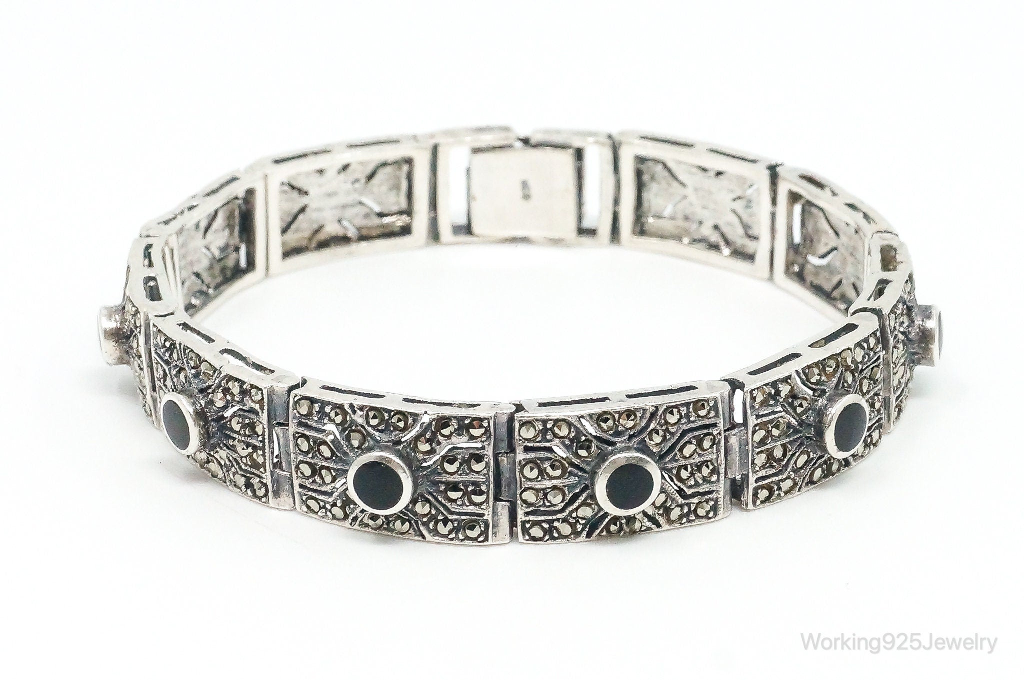 Vintage Art Deco Black Onyx Marcasite Sterling Silver Bracelet