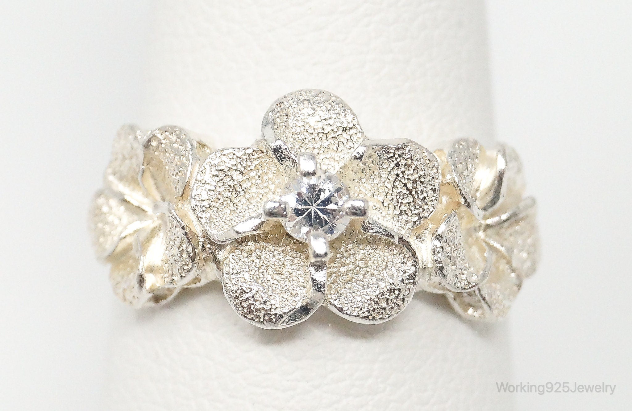 Vintage Cubic Zirconia Flowers Sterling Silver Ring - Size 7