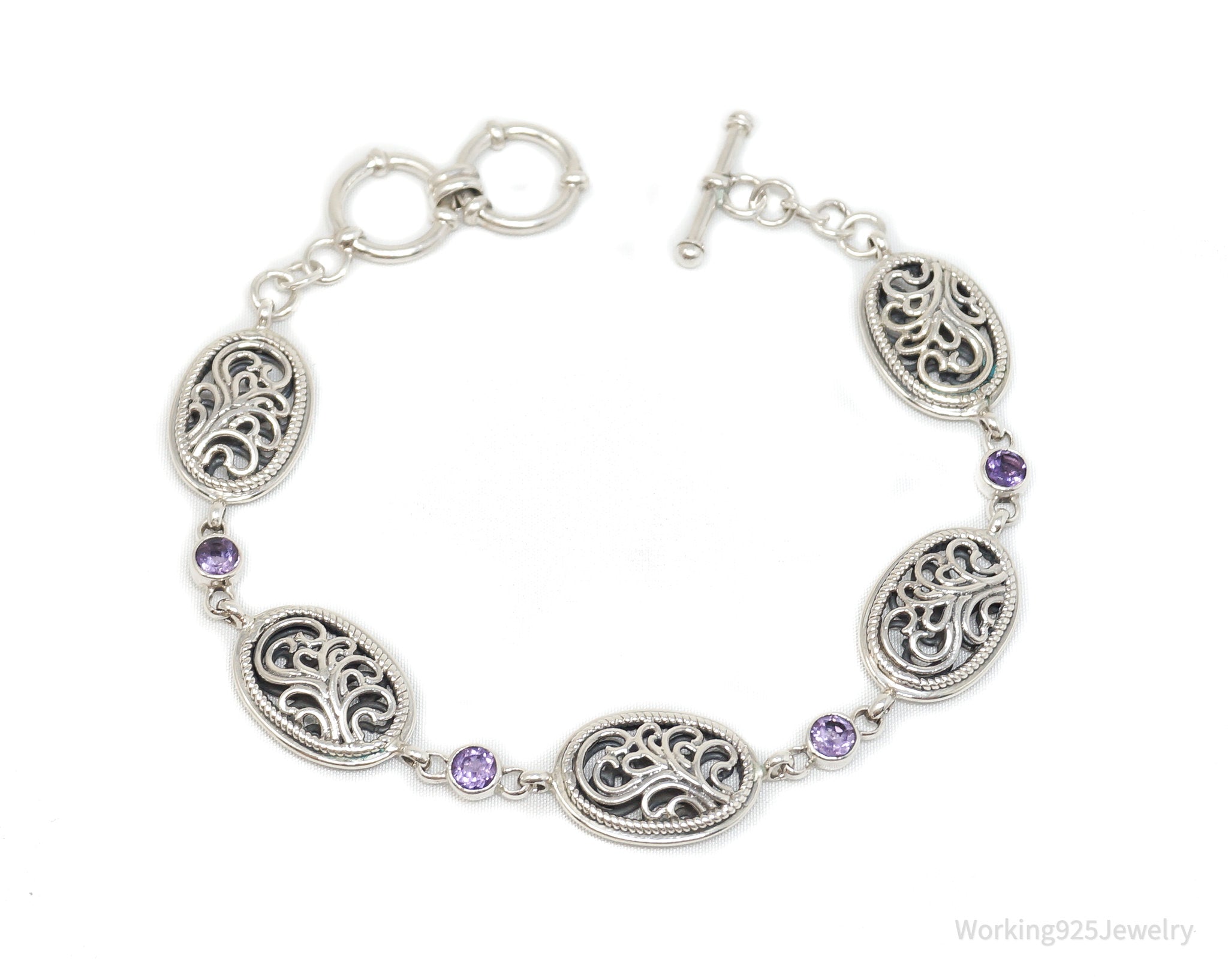 Vintage Amethyst Filigree Scroll Style Sterling Silver Bracelet