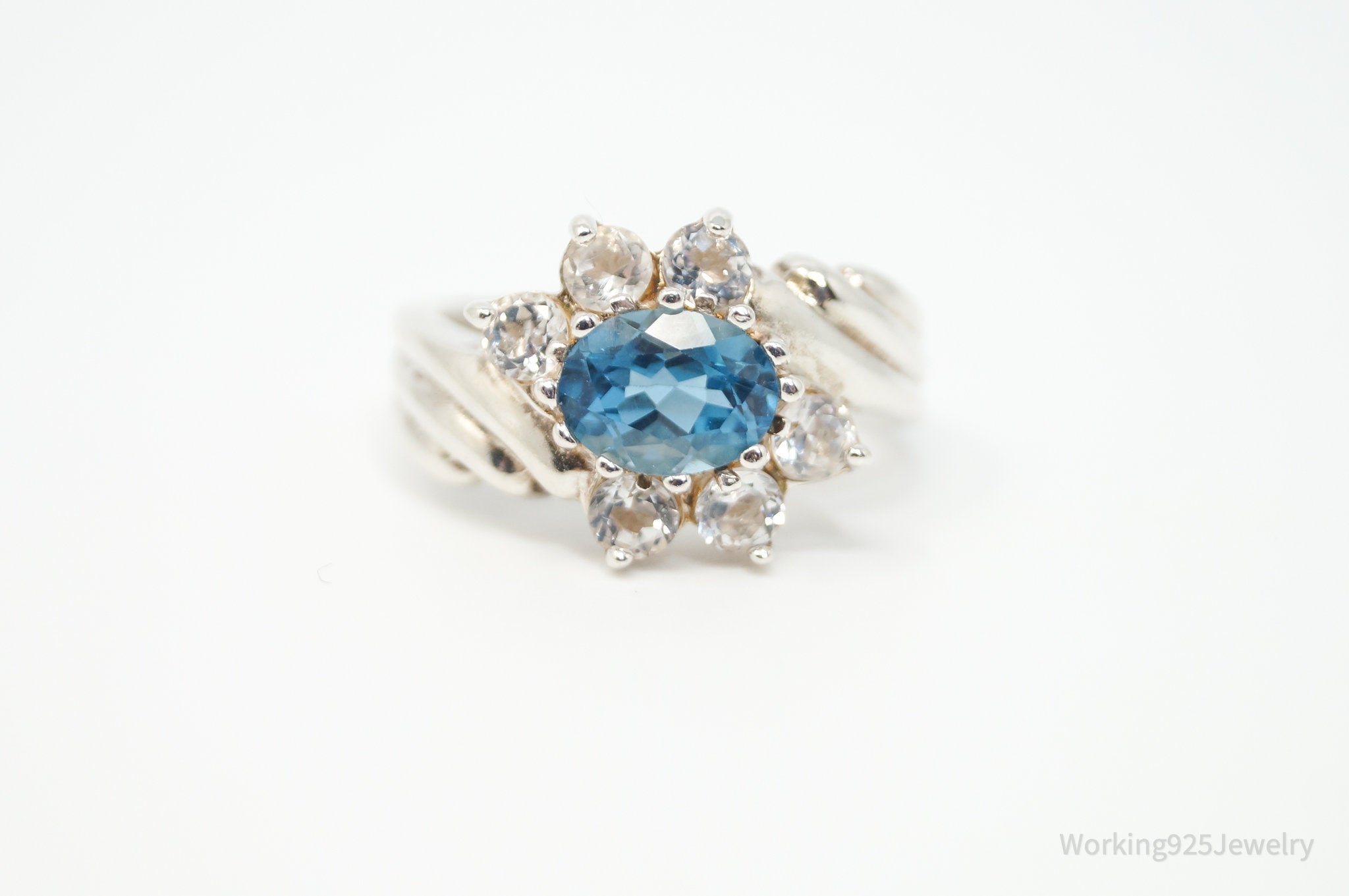 Vintage Art Deco Blue Topaz Cubic Zirconia Sterling Silver Ring - Sz 8