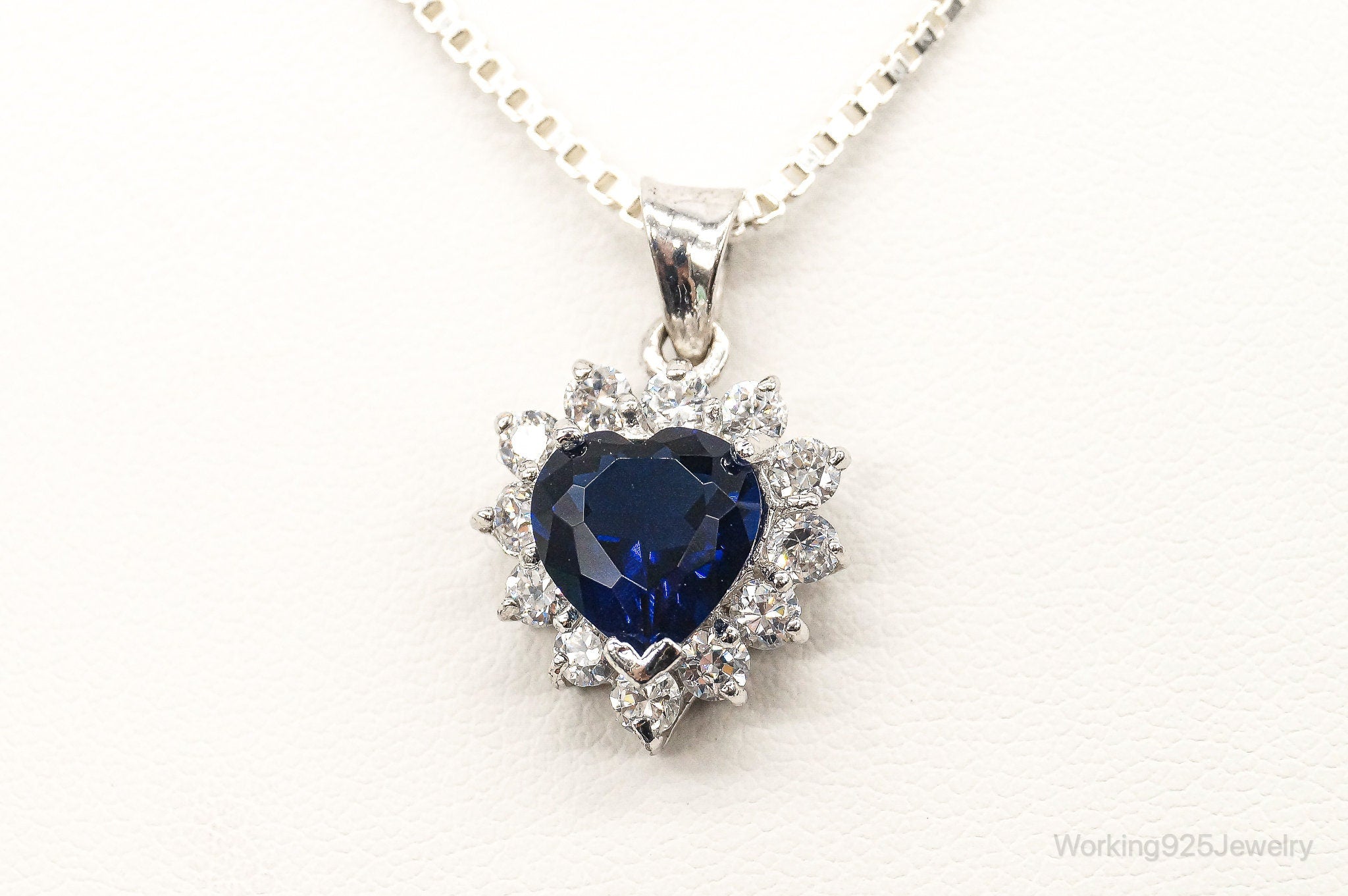 Blue Lab Sapphire Cubic Zirconia Heart Sterling Silver Necklace