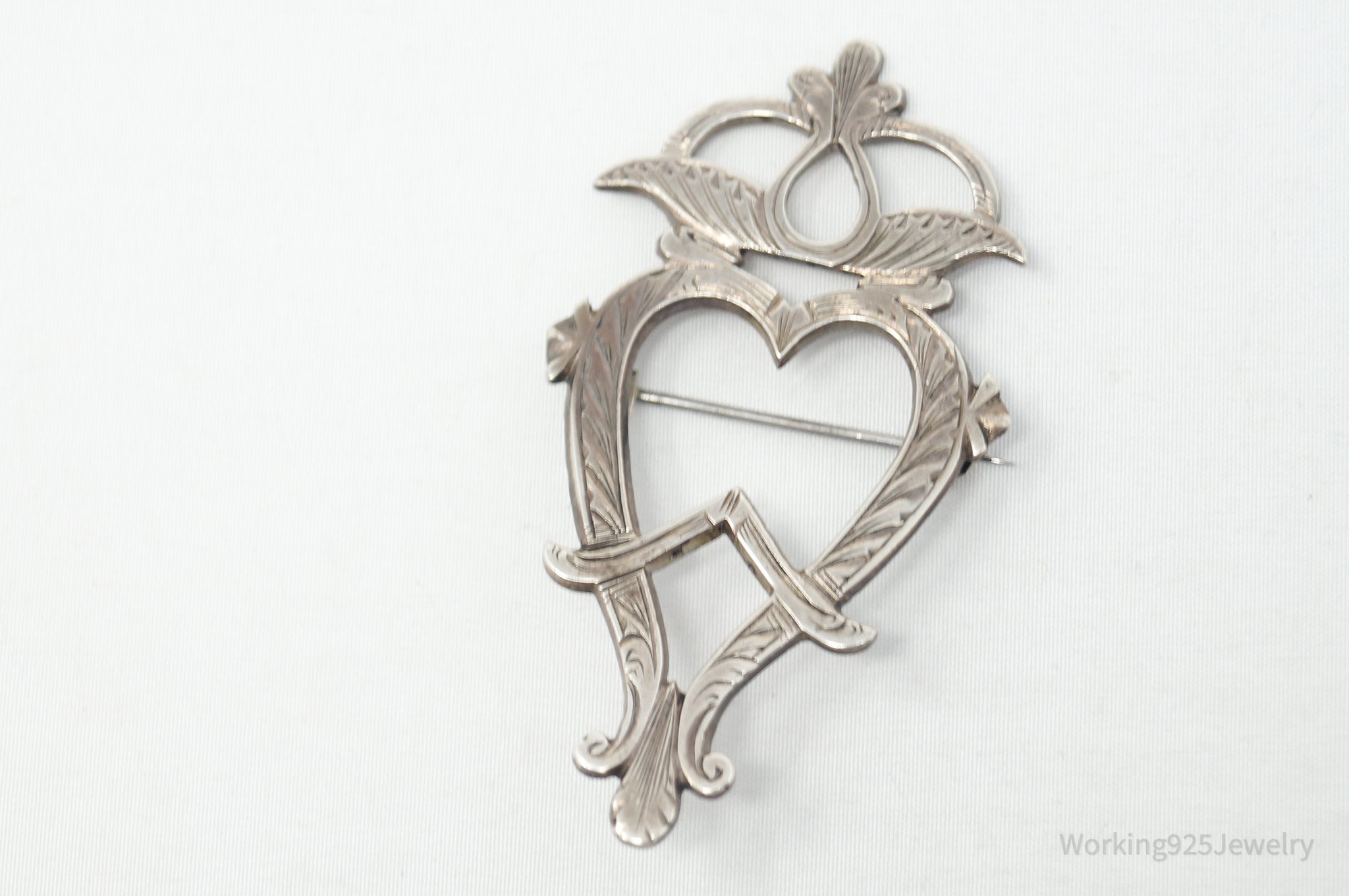 Antique Etched Floral Heart Silver Brooch Pin