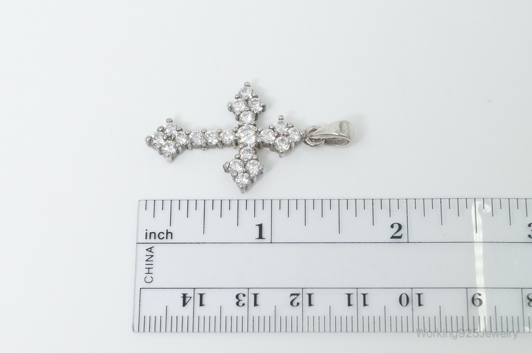 Vintage Cubic Zirconia Cross Sterling Silver Necklace Pendant