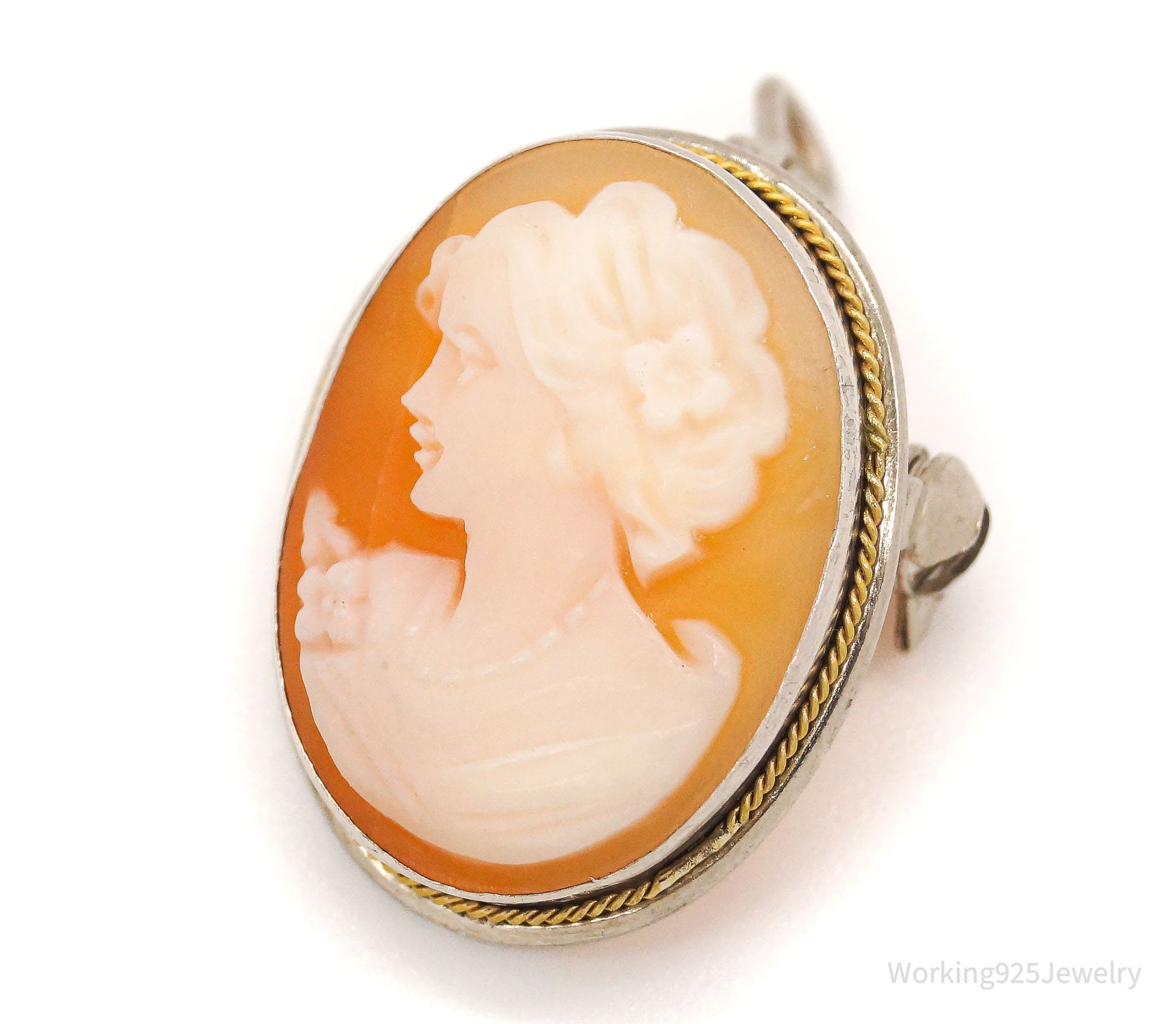 Antique Carved Shell Lady Cameo Brass Silver Pendant Pin