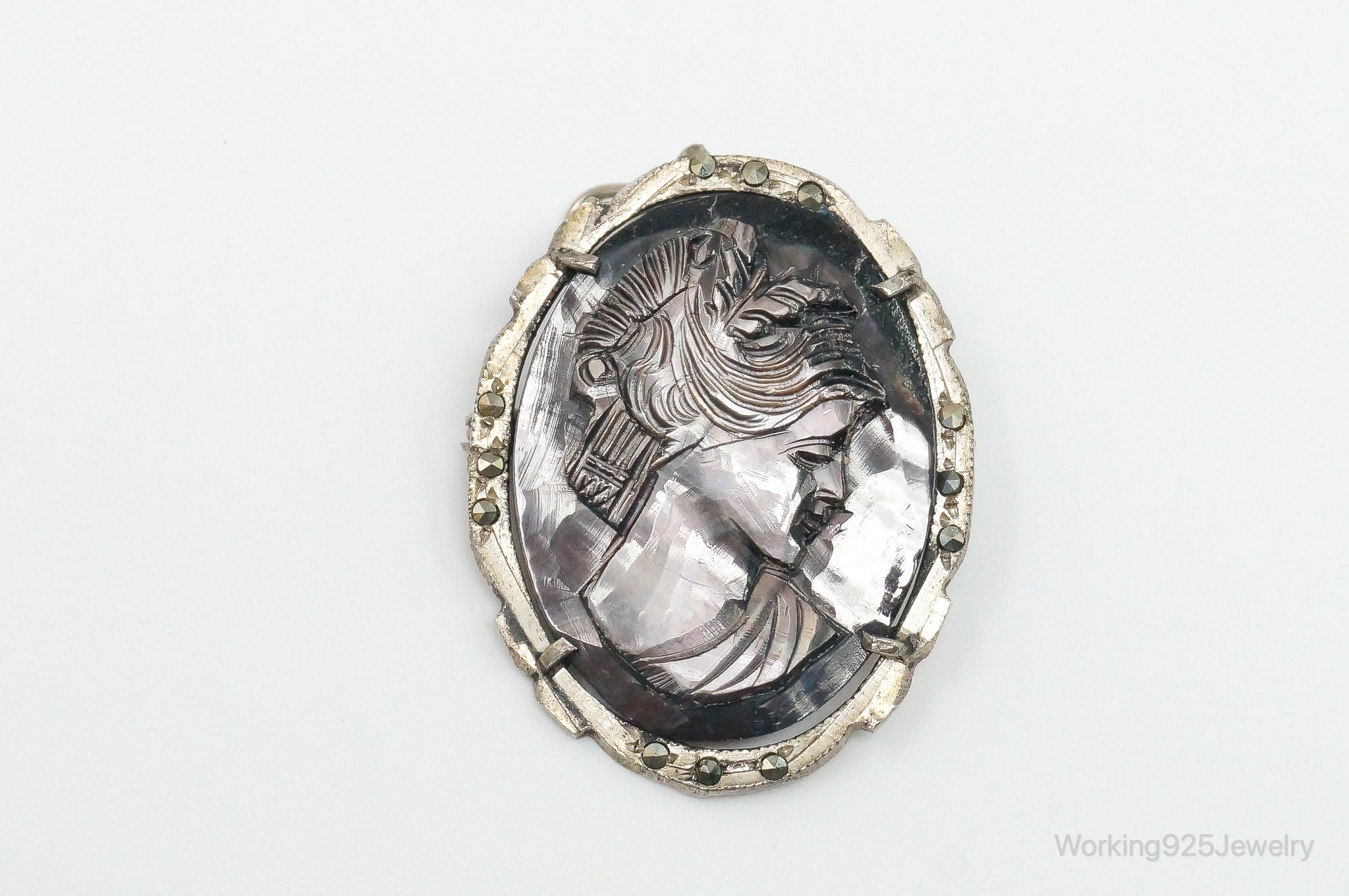 Antique Carved Abalone Shell Marcasite Woman Cameo 800 Silver Pendant Pin