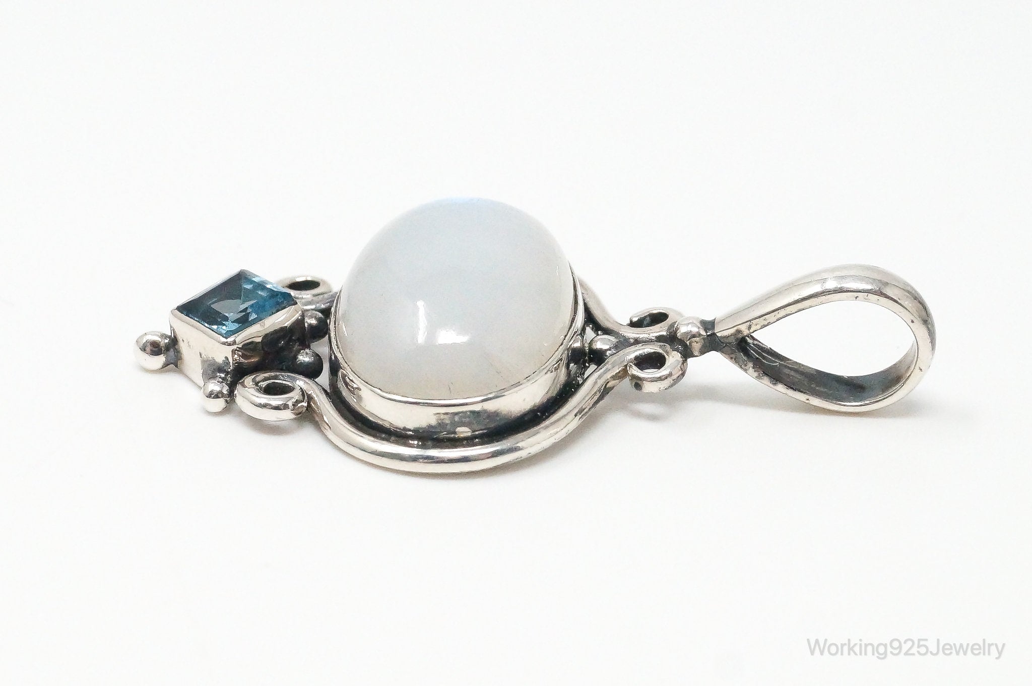 Vintage Blue Topaz Large Moonstone Sterling Necklace Pendant