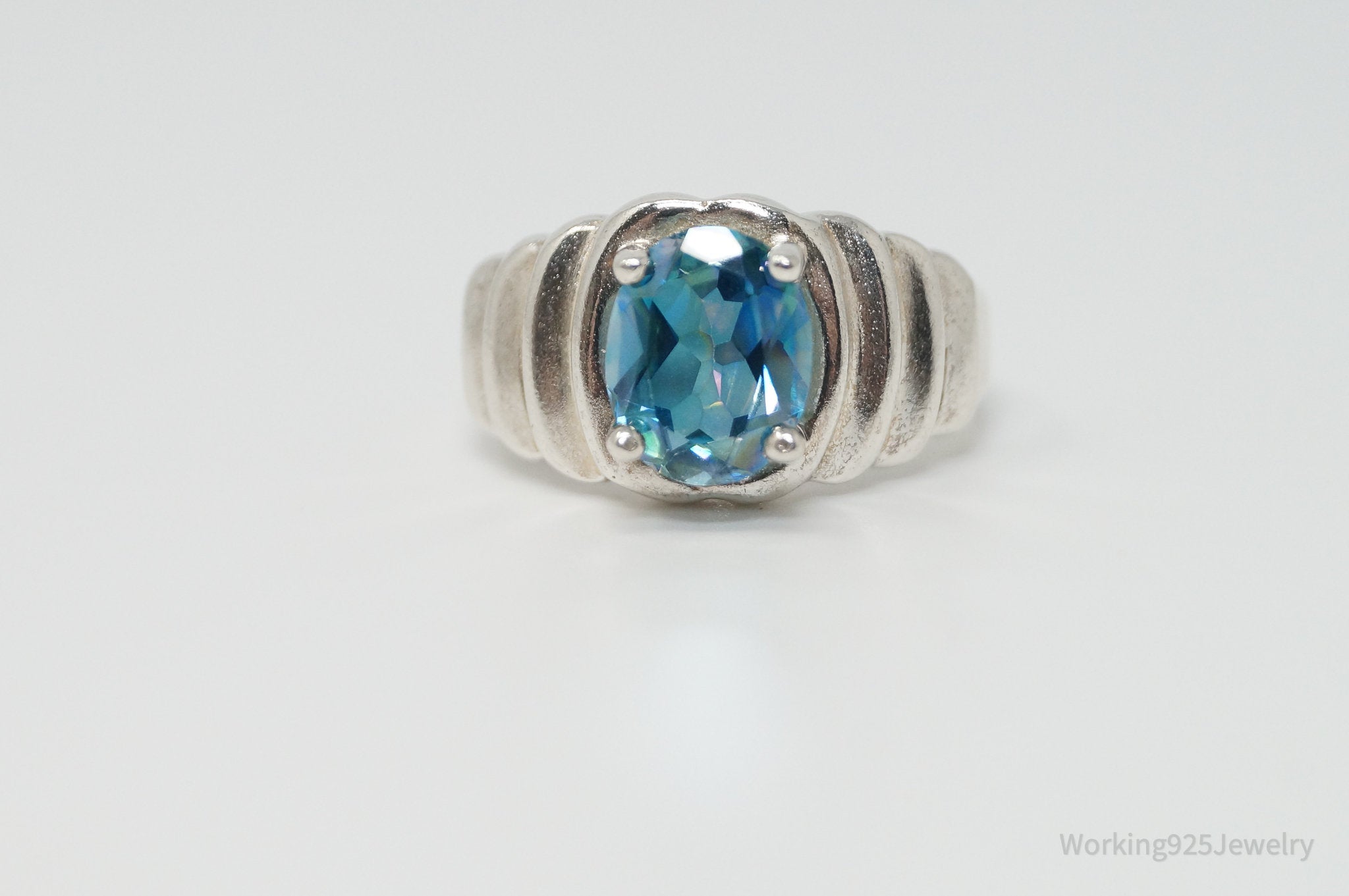 Vintage Art Deco Blue Topaz Sterling Silver Ring - Sz 8.75