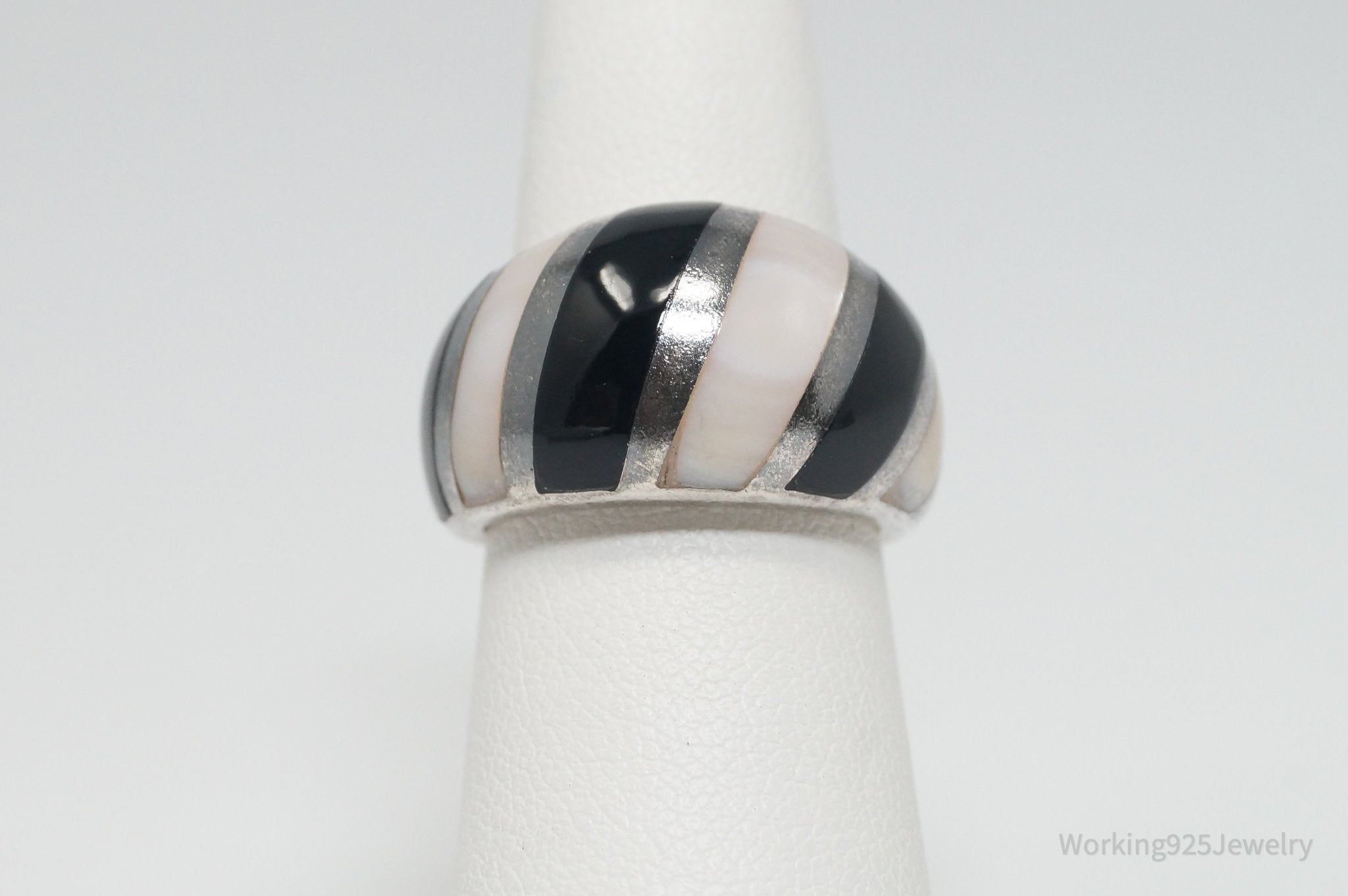 Vintage Mother Of Pearl Black Onyx Art Deco Style Sterling Silver Ring - SZ 5.75