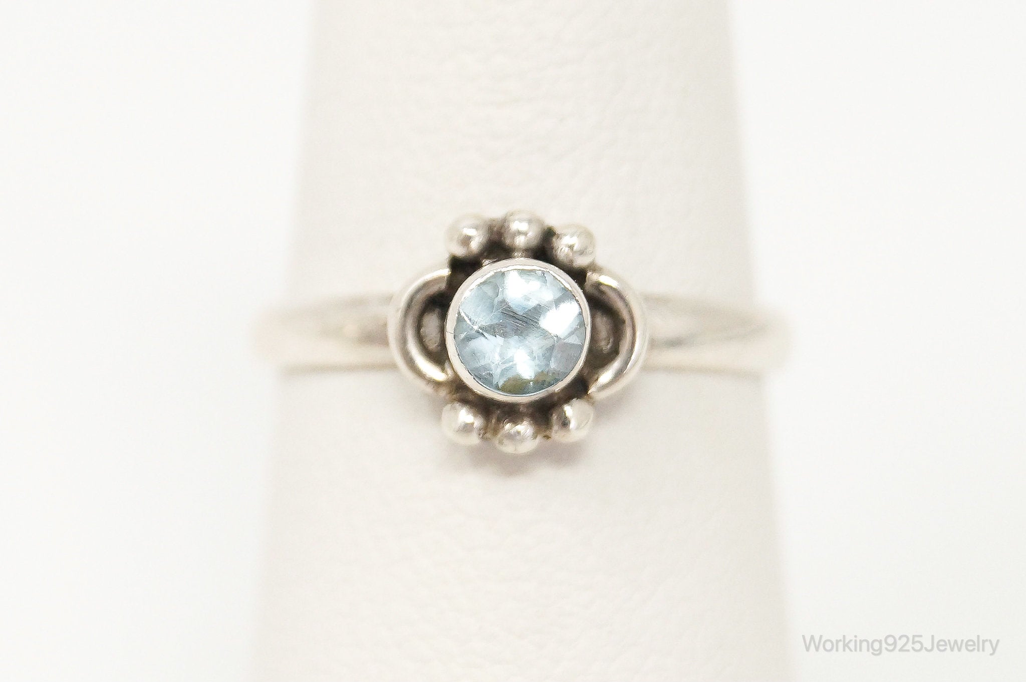 Vintage Bali Style Blue Topaz Sterling Silver Ring - SZ 6