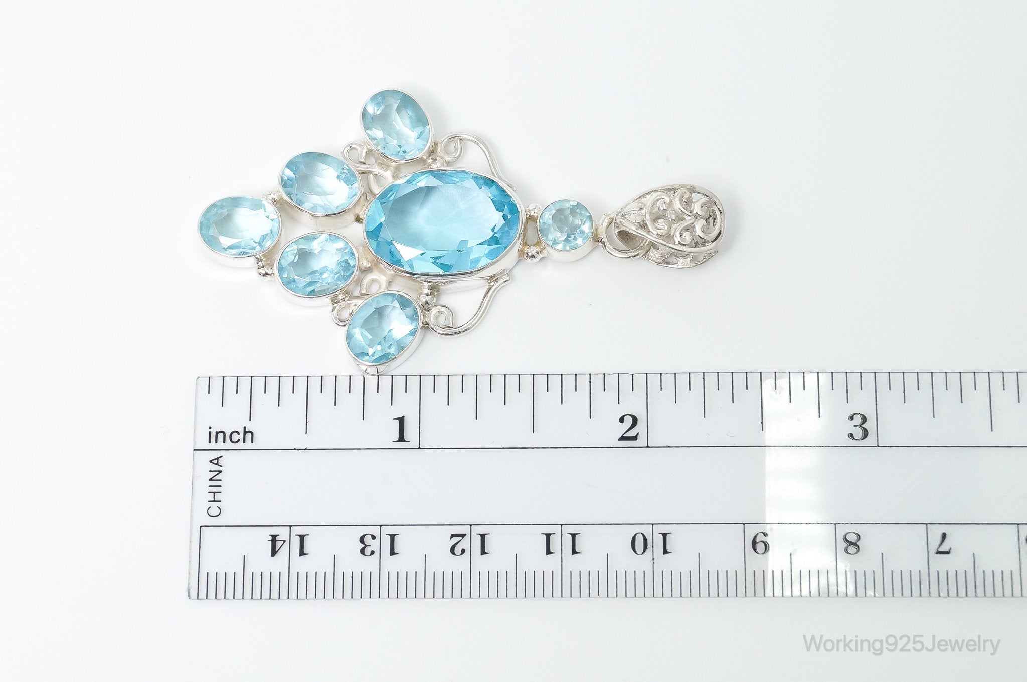 Large Vintage Blue Topaz Sterling Silver Necklace Pendant