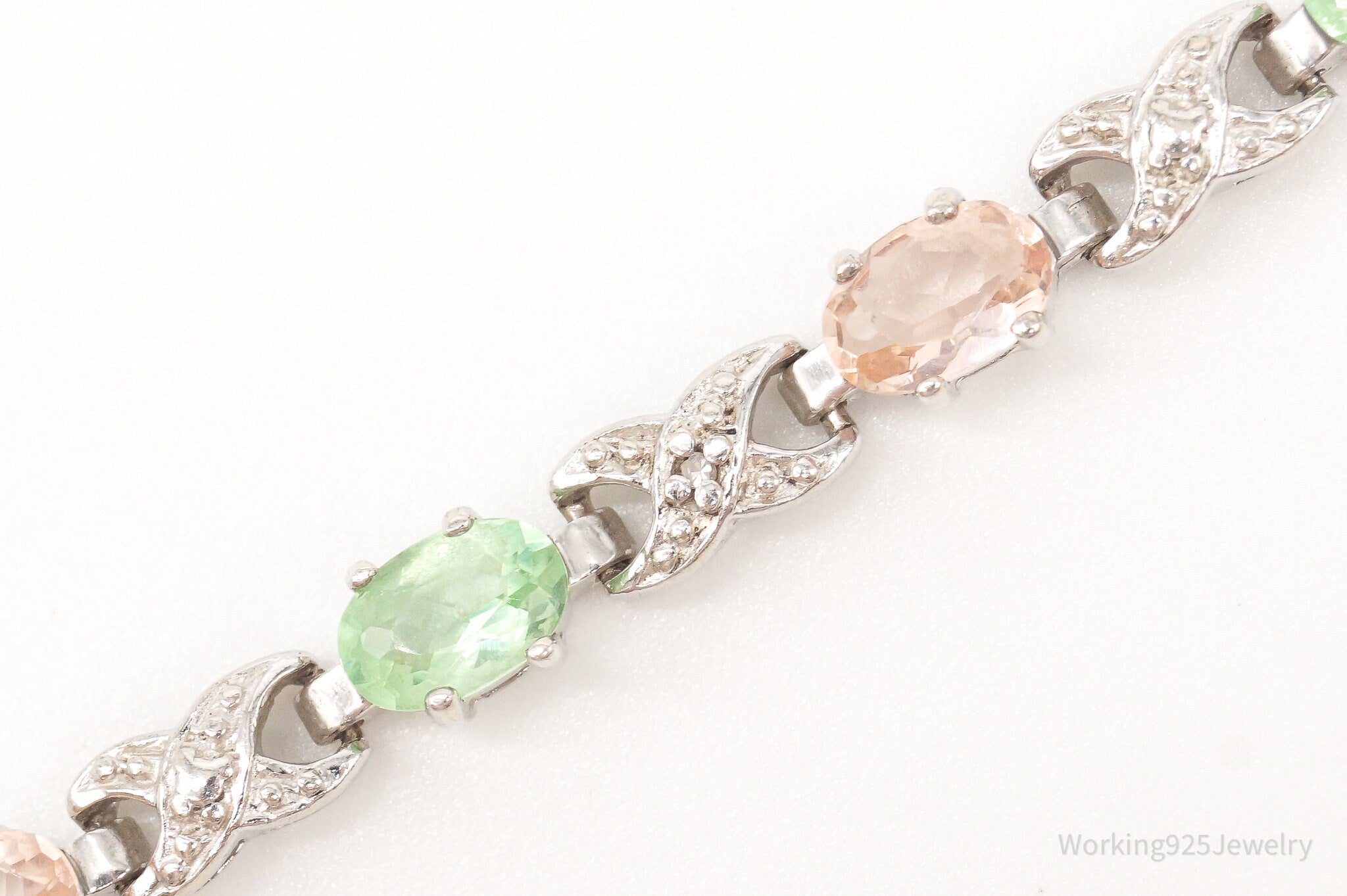 Designer Ross Simons 2 Diamond Peach & Green Stone Sterling Silver Bracelet