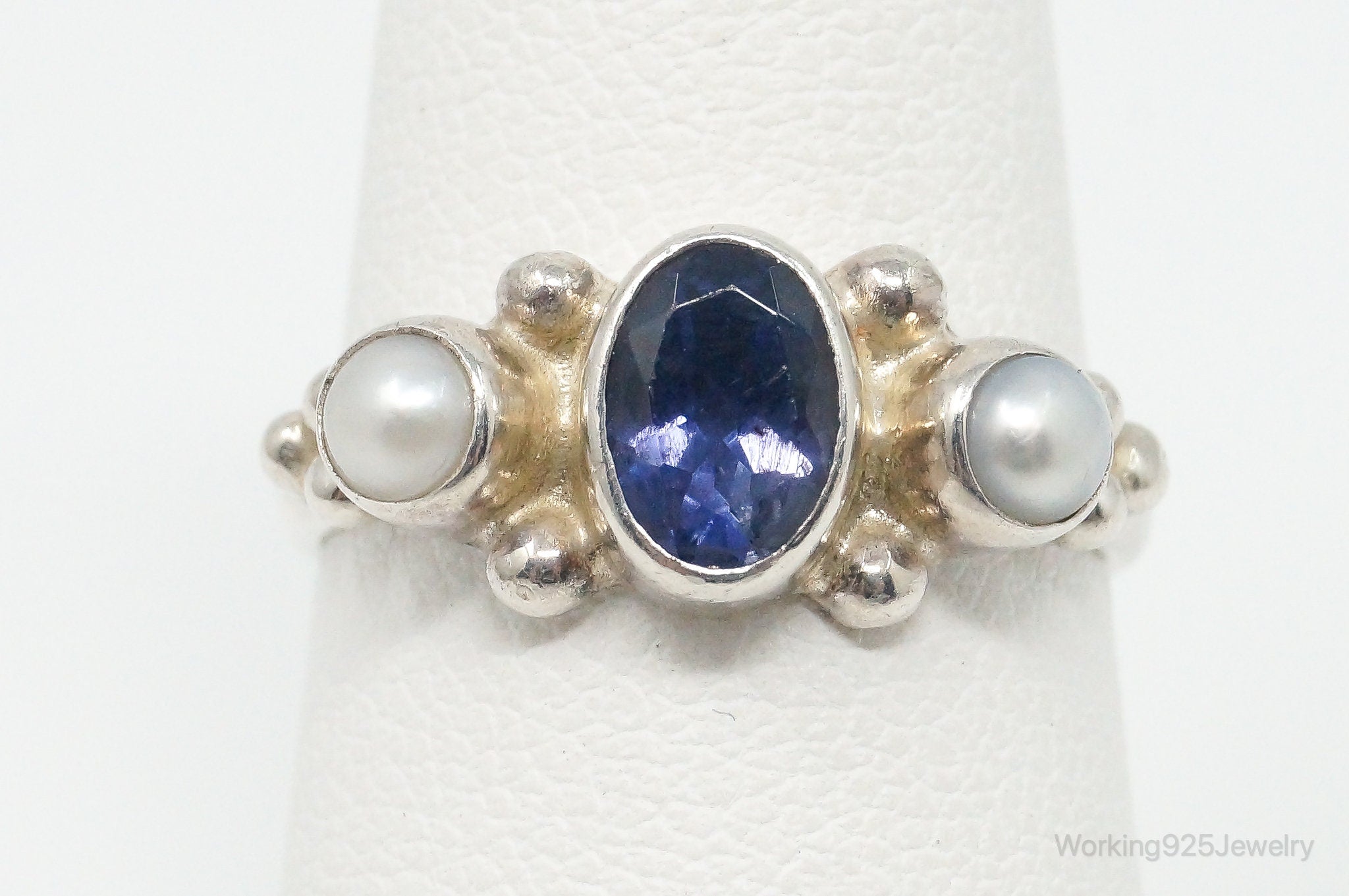 Vintage Iolite Pearl Sterling Silver Ring - Size 6.75