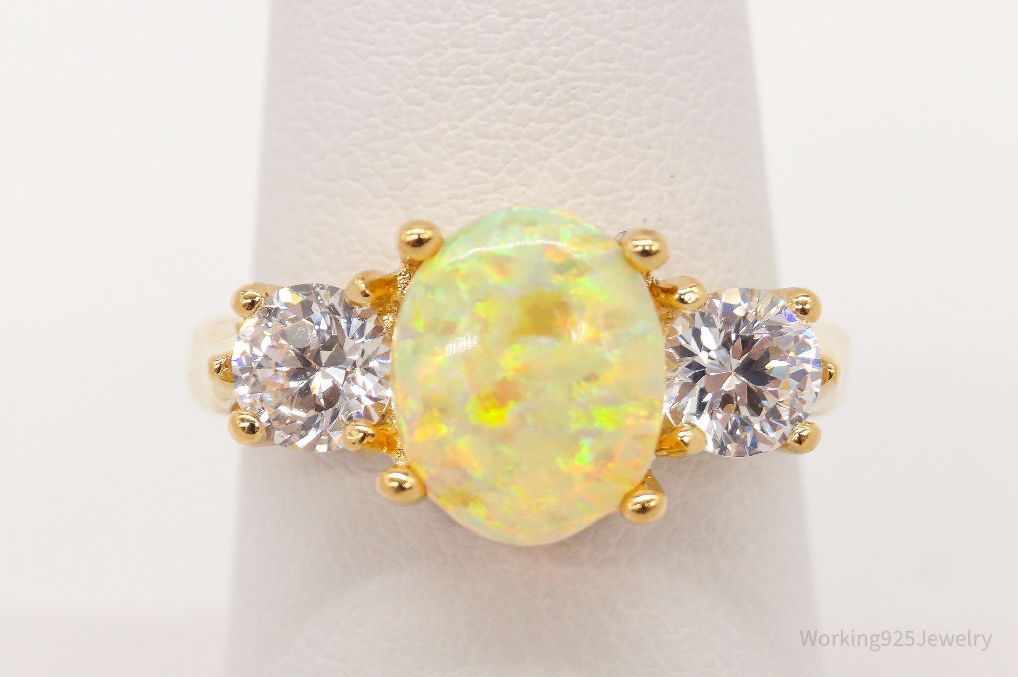 Designer UTC Opal Cubic Zirconia Gold Vermeil Sterling Silver Ring - Size 8