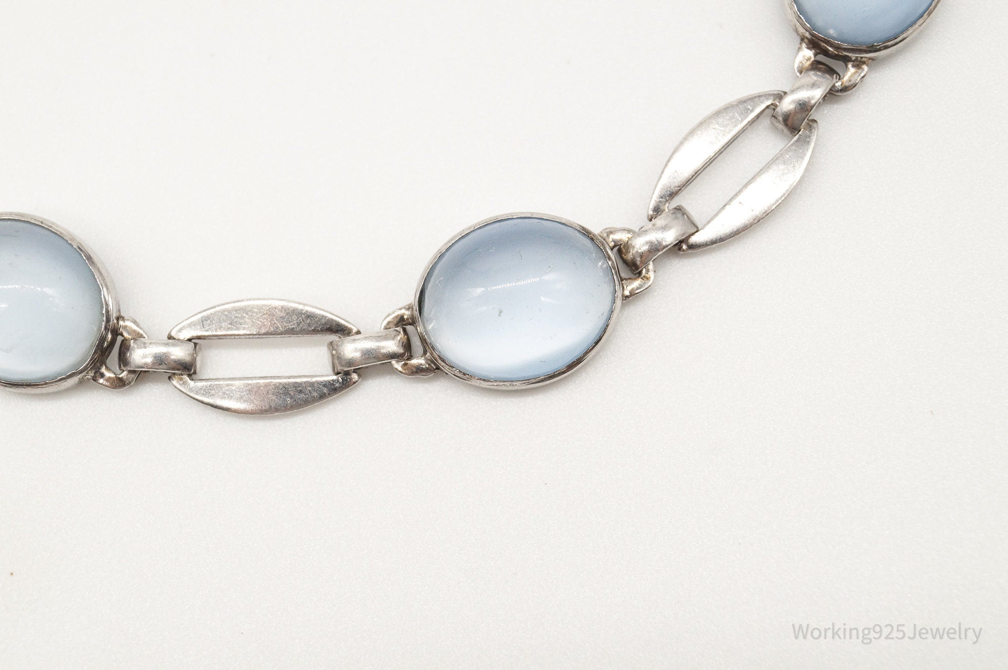 Antique WE Richards Blue Cats Eye Glass Sterling Silver Bracelet