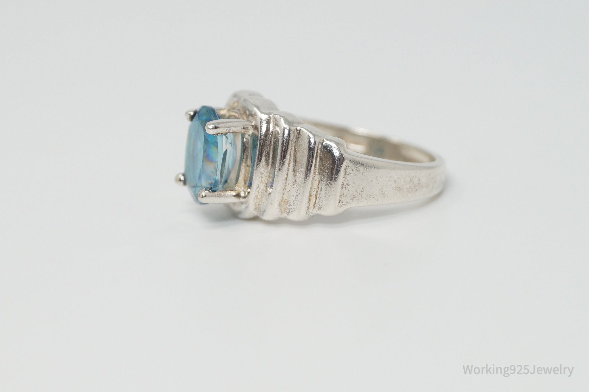 Vintage Art Deco Blue Topaz Sterling Silver Ring - Sz 8.75