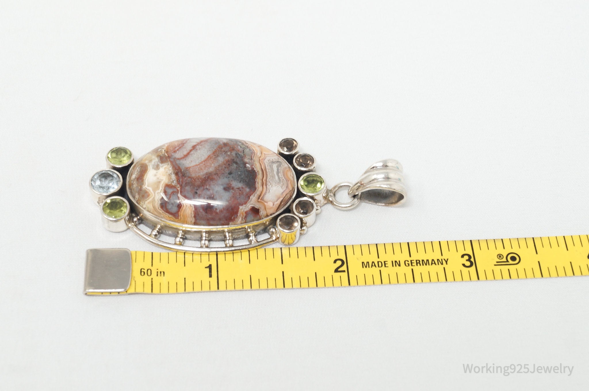 Vintage Large Brown Crazy Lace Agate Peridot Sterling Silver Necklace Pendant