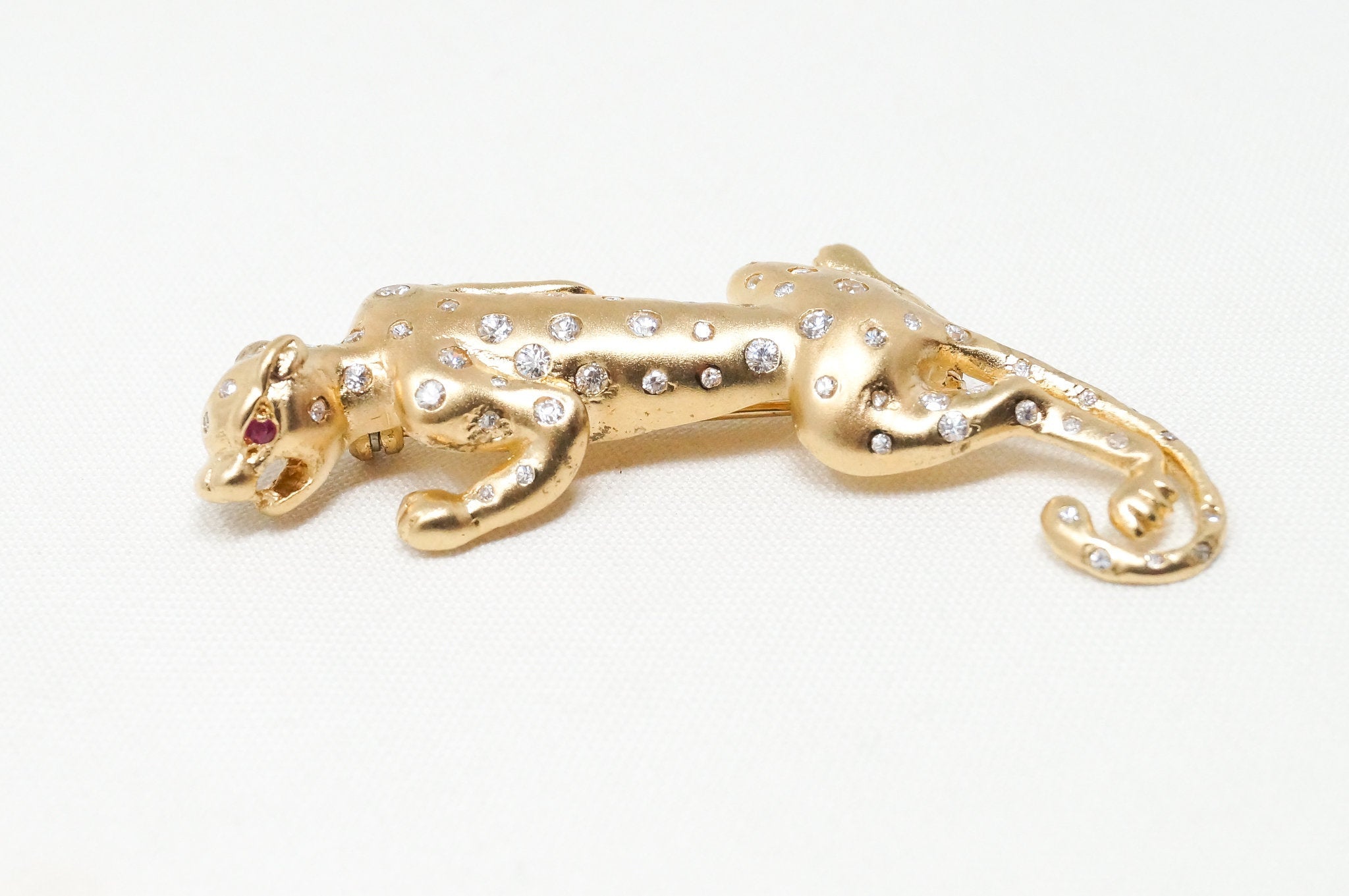 Vintage Gold Vermeil Garnet CZ Panther Sterling Silver Brooch Pin