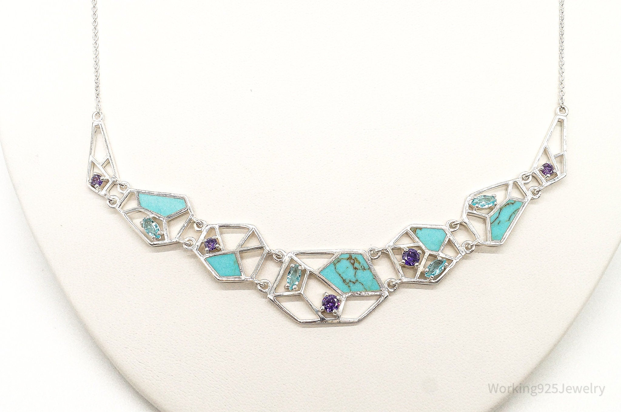 Amethyst Blue Topaz Turquoise Modernist Sterling Silver Necklace