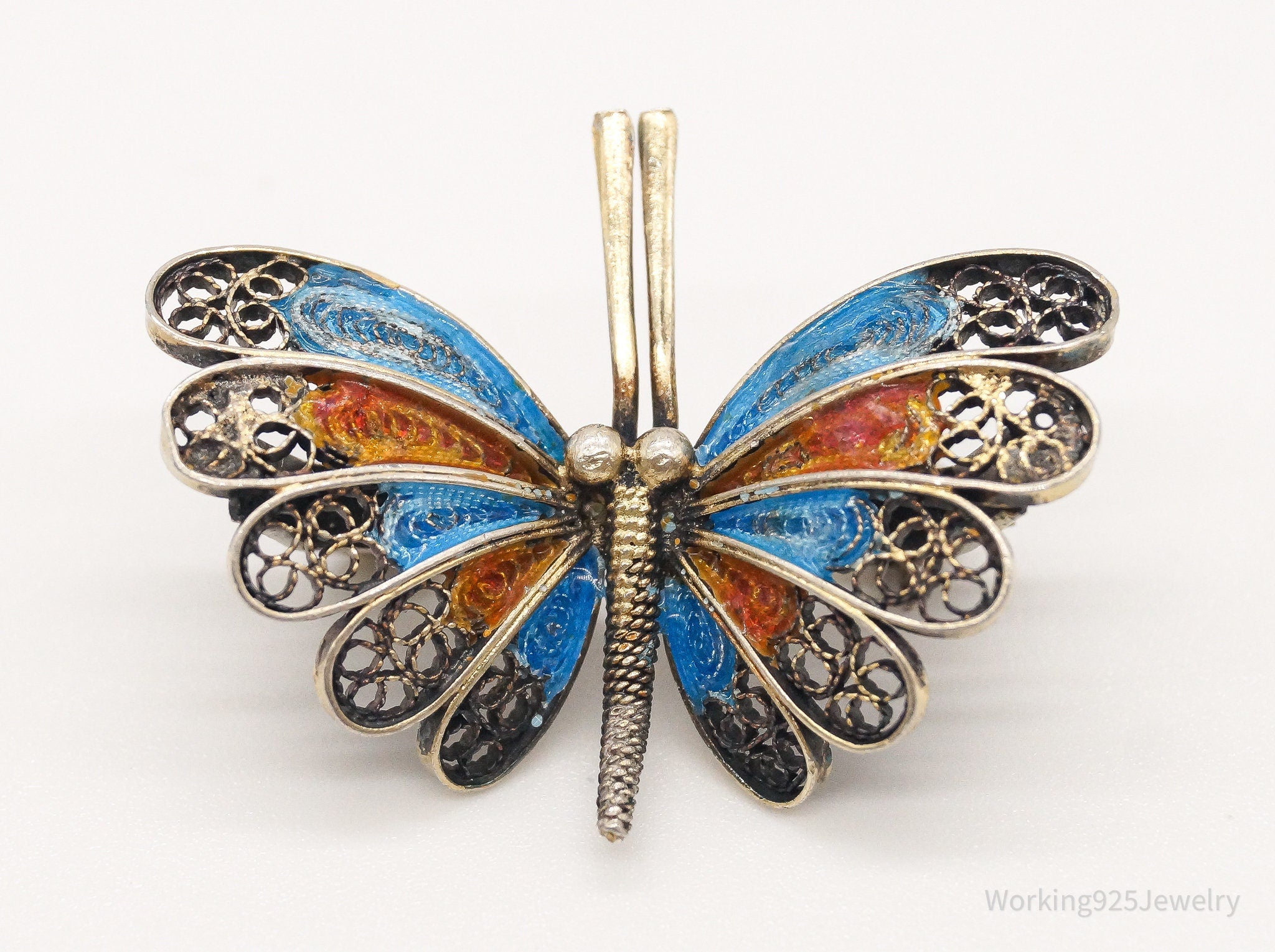 Vintage Butterfly Enamel Gold Wash 800 Silver Filigree Pin Brooch