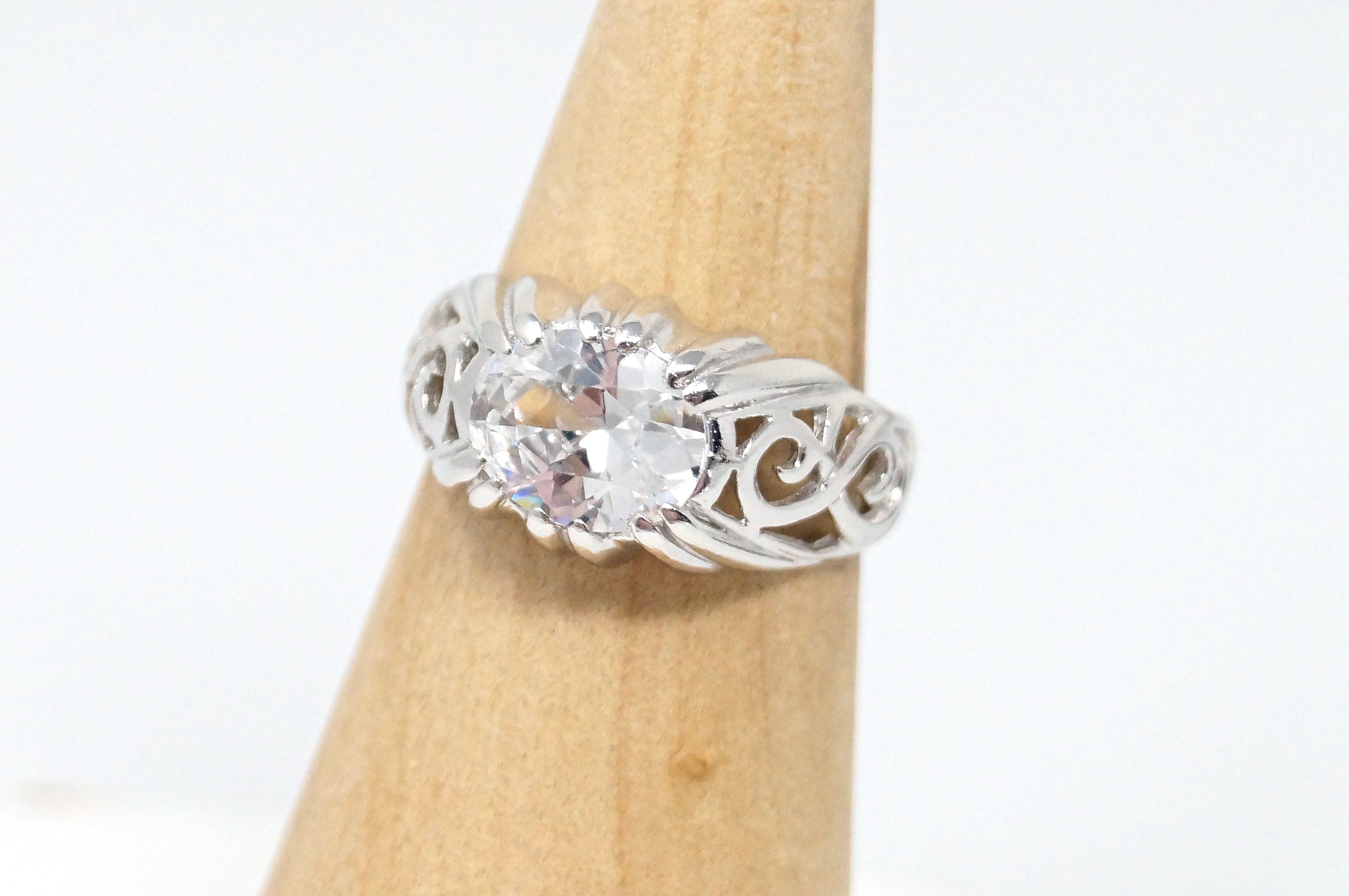 Vintage Art Deco Style Simulated Diamond Scroll Sterling Silver Ring Sz 8.25