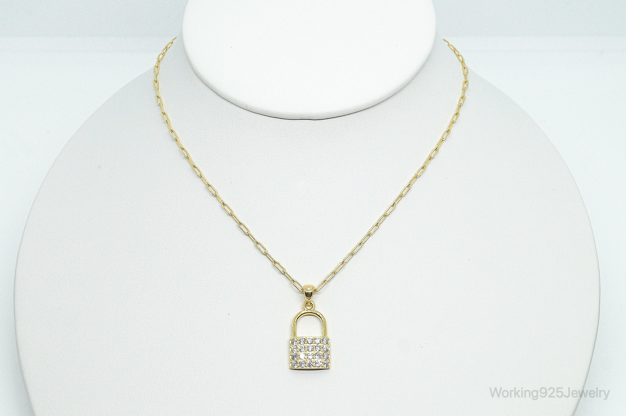 Designer Cubic Zirconia Gold Vermeil Padlock Sterling Silver Necklace