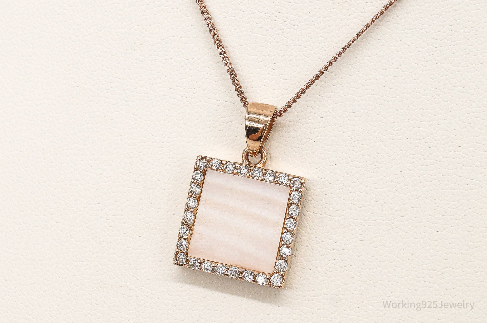 Pink Mother Of Pearl Cubic Zirconia Rose Gold Vermeil Sterling Silver Necklace