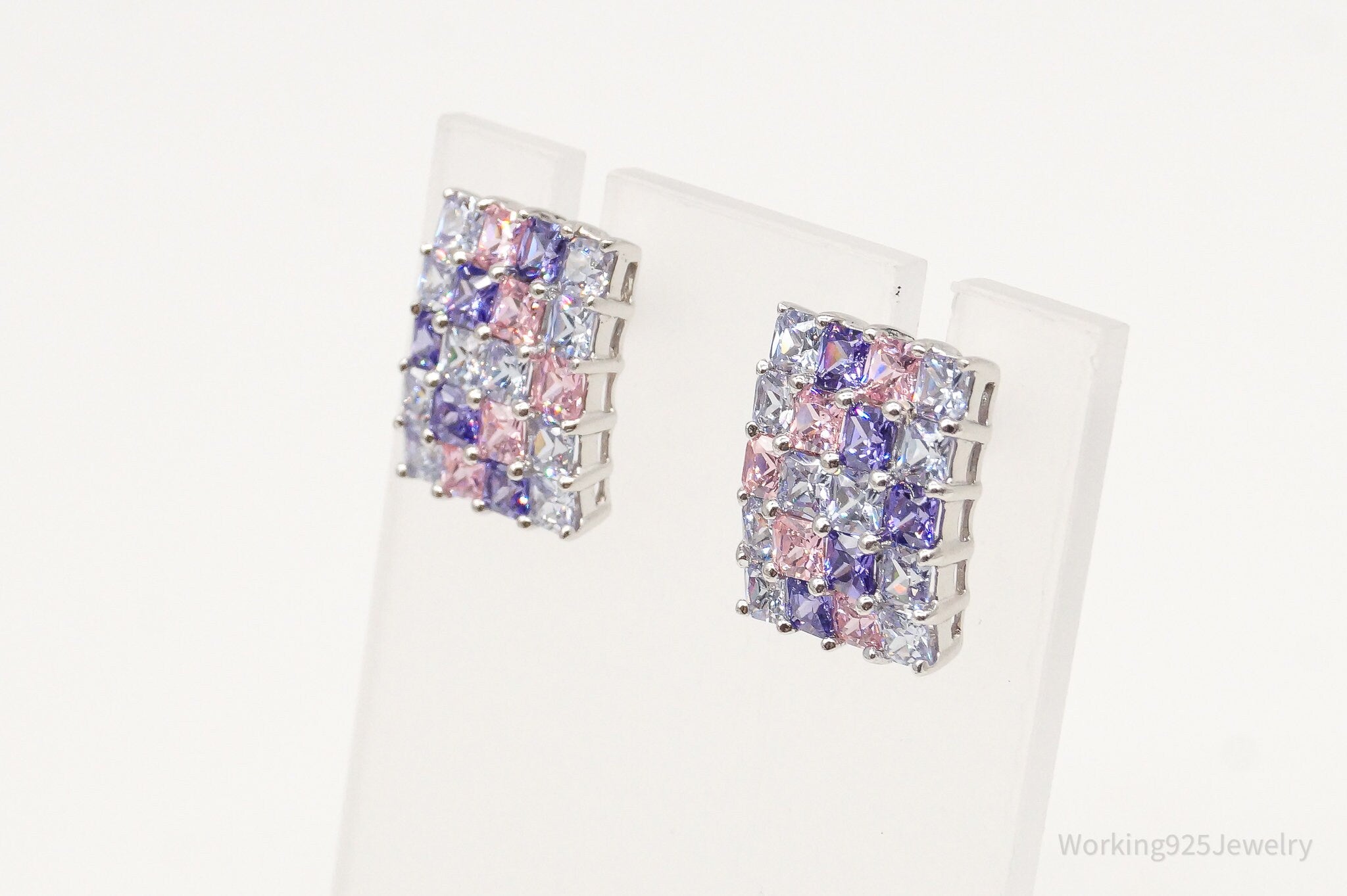 Vintage Designer White Pink & Purple Cubic Zirconia Sterling Silver Earrings