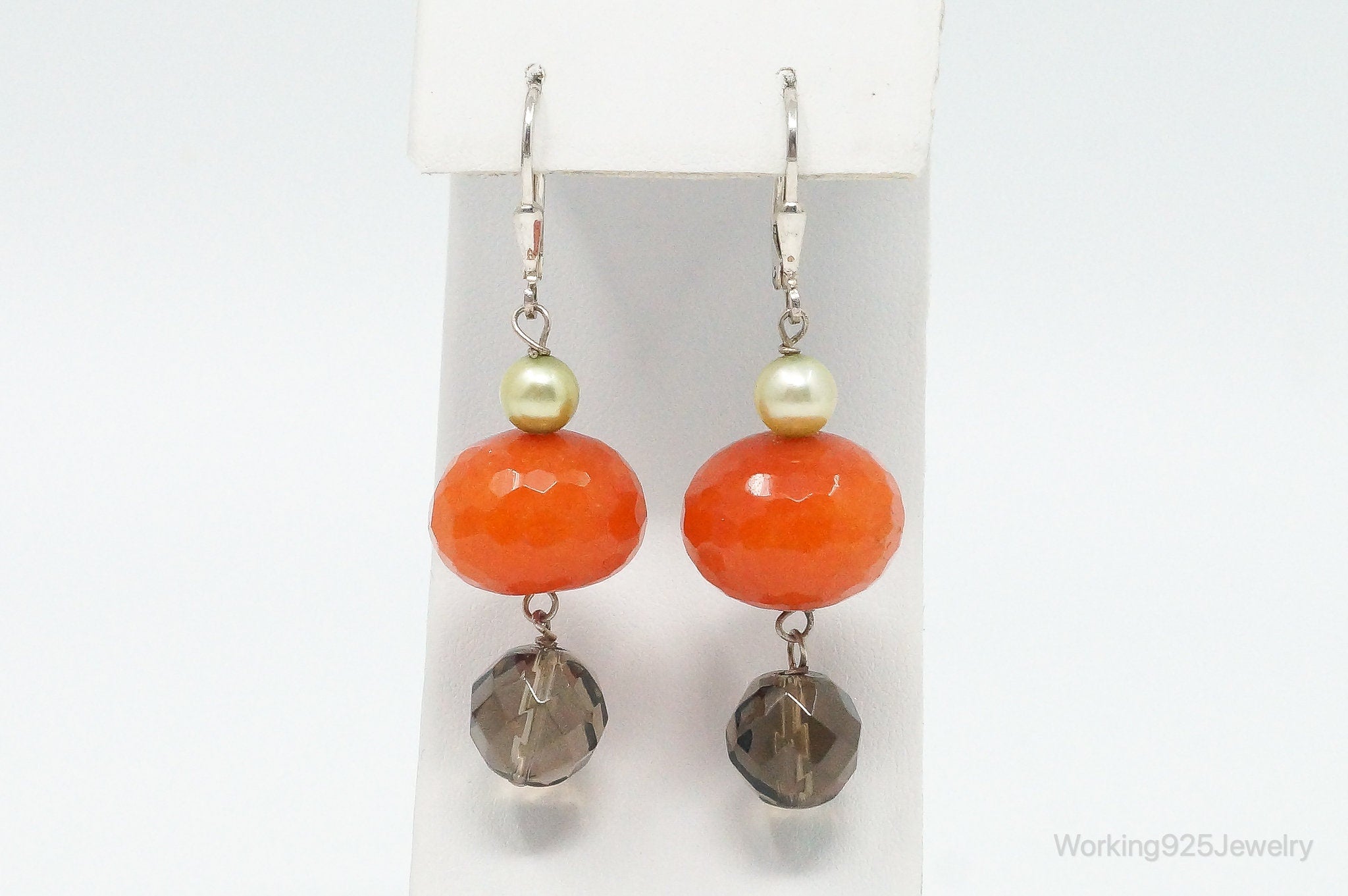 Vintage Carnelian Smoky Topaz Pearl Beads Sterling Silver Earrings