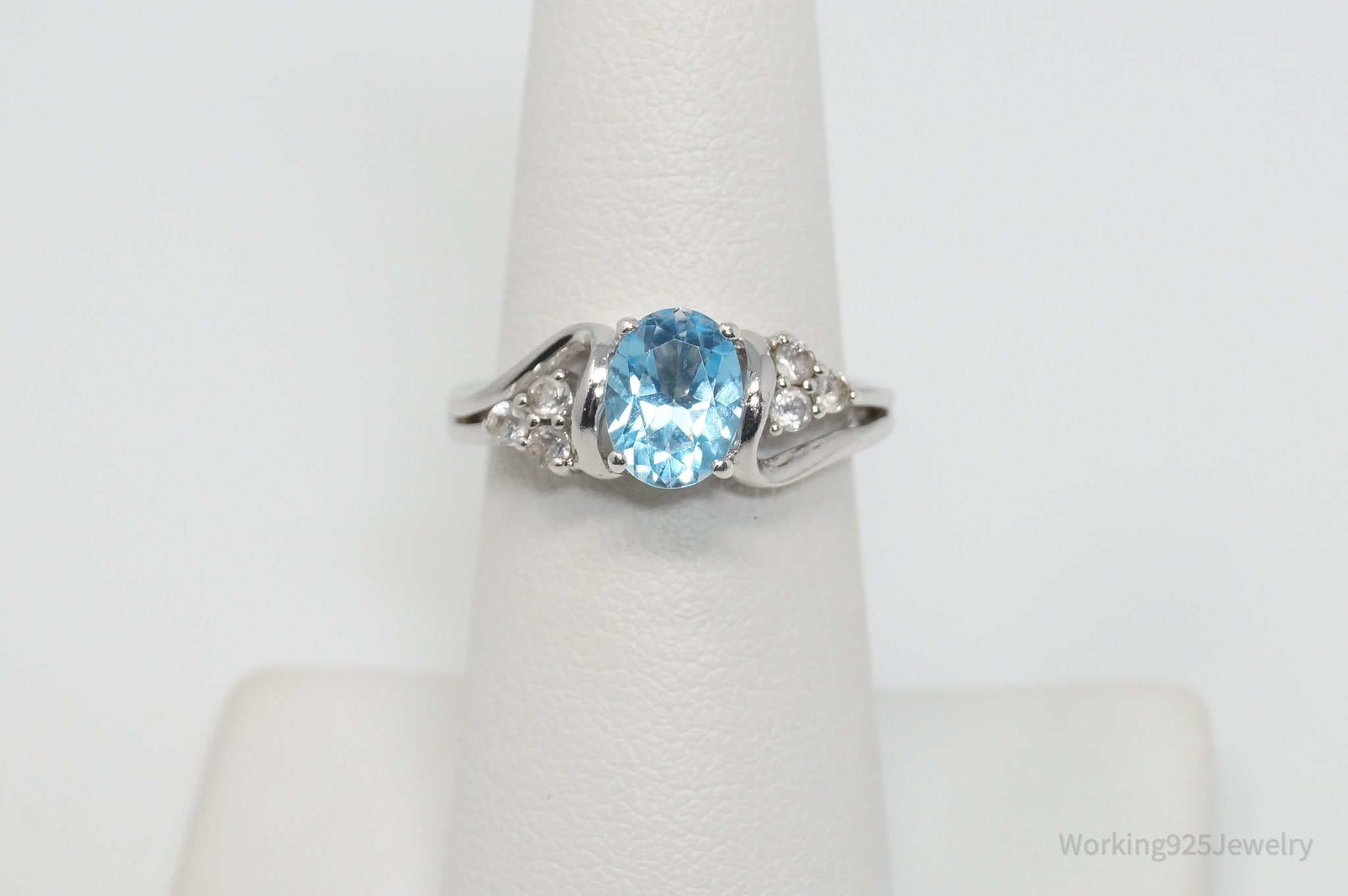 Vintage Designer Art Deco Blue Topaz Cz Sterling Silver Ring Sz 6.25