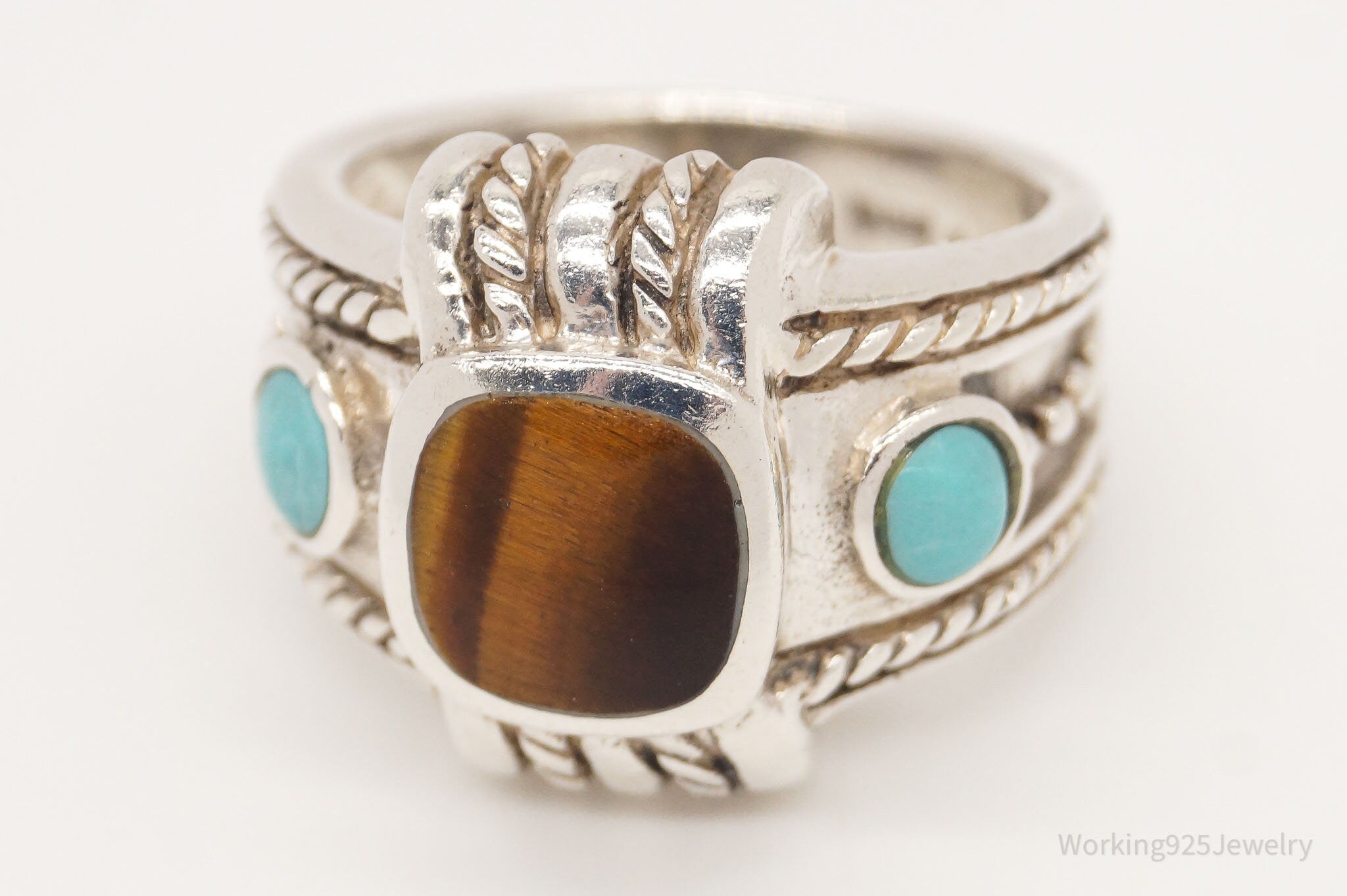 Vintage Designer CFJ Tigers Eye Turquoise Sterling Silver Ring - Size 7.75