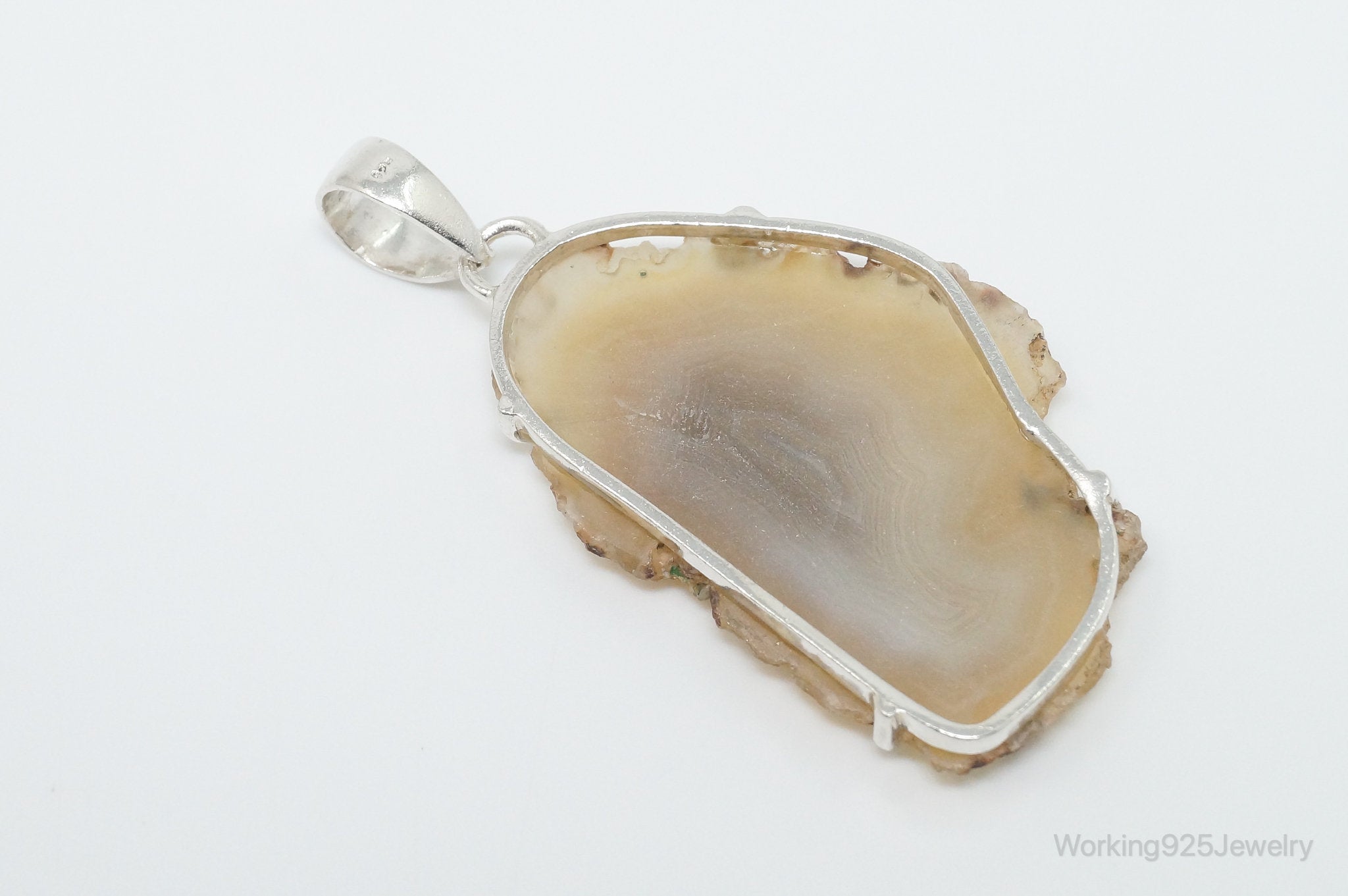 Large Vintage Brown Crazy Lace Agate Sterling Silver Necklace Pendant