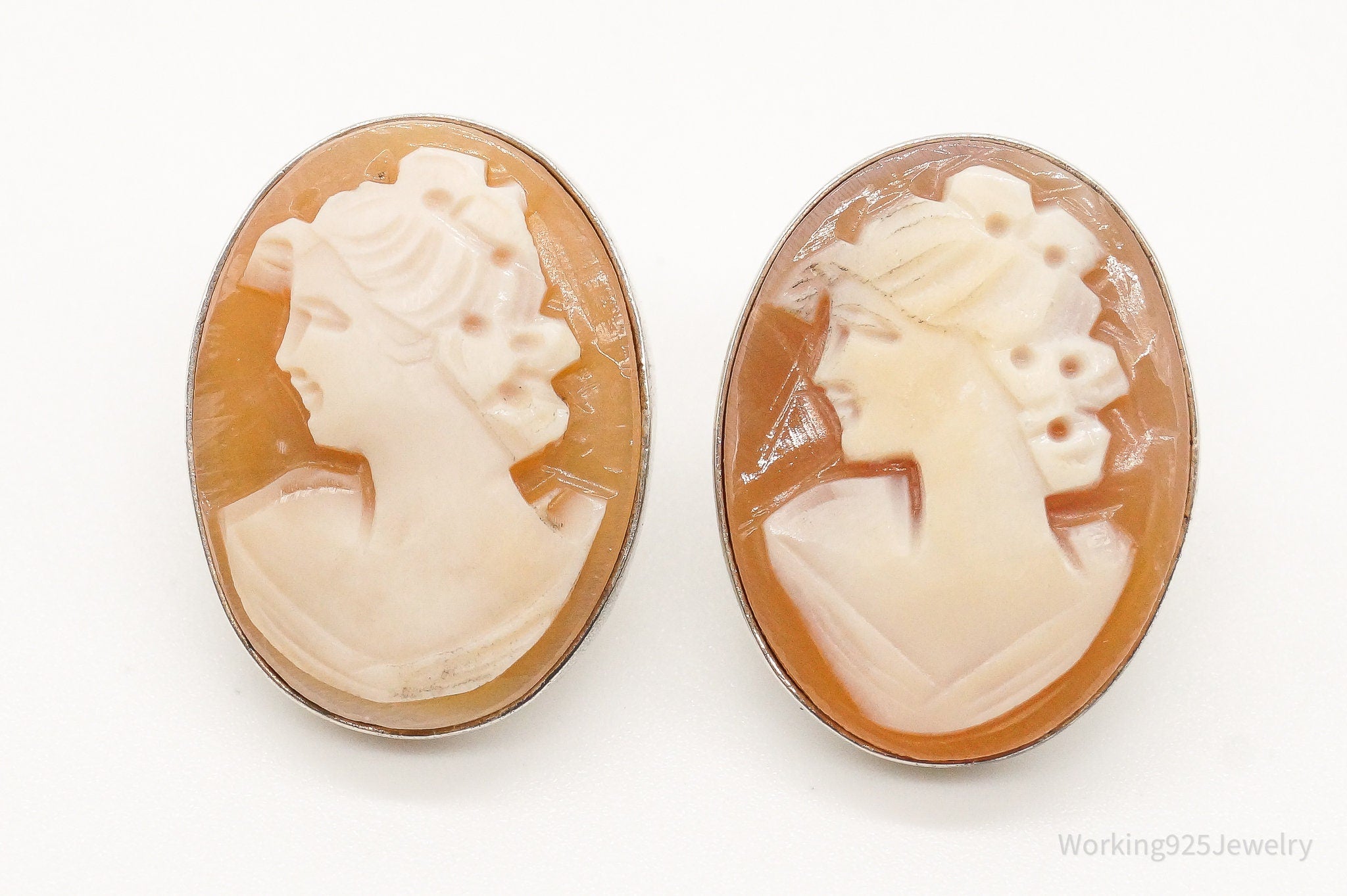 Vintage Carved Shell Woman Cameo Sterling Silver Earrings