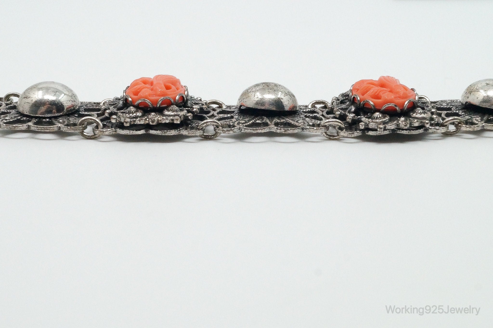 Antique Carved Coral Sterling Silver Bracelet