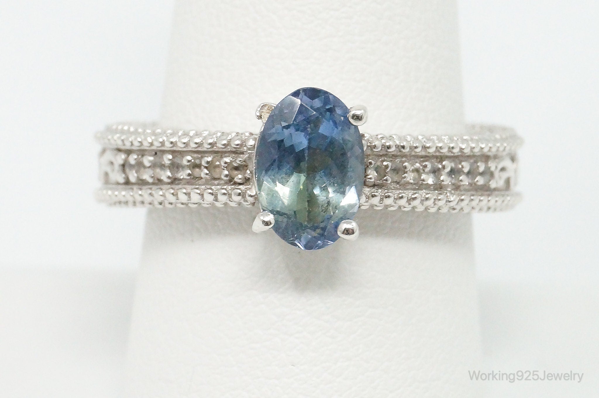 Vintage Green Blue Gemstone Cubic Zirconia Sterling Silver Ring - Size 8.75