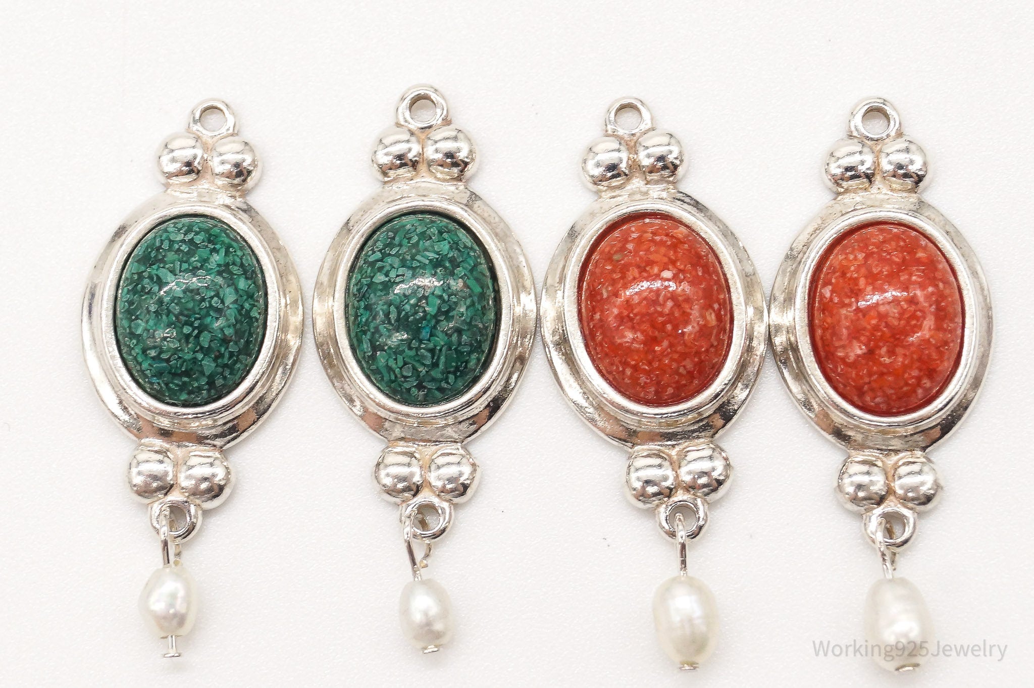 Vintage Designer CCO Malachite Coral Pearl Sterling Silver Earring Pendants