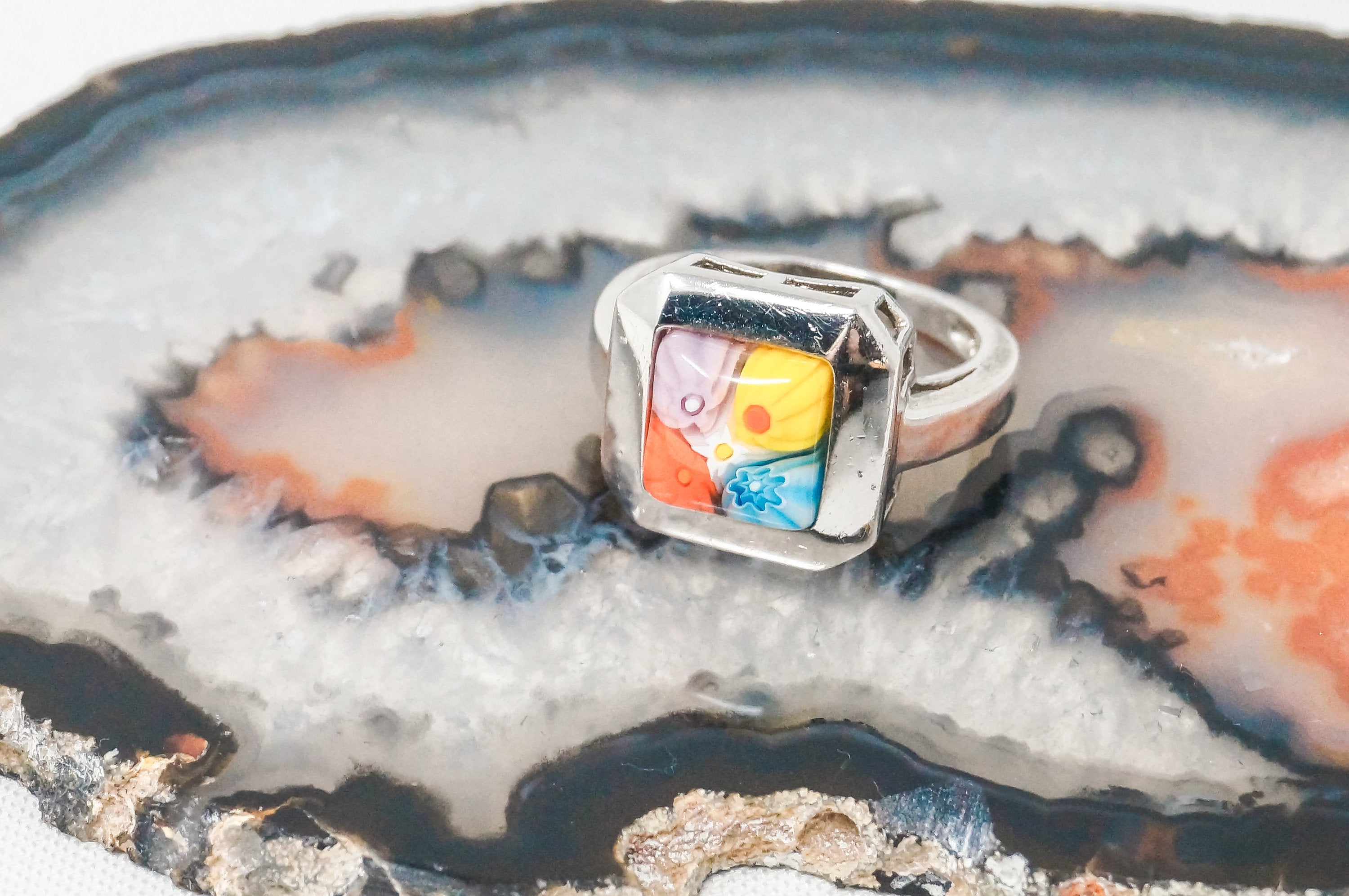 Vintage Glass Murano Millefiori Flowers Sterling Silver Ring - Sz 6