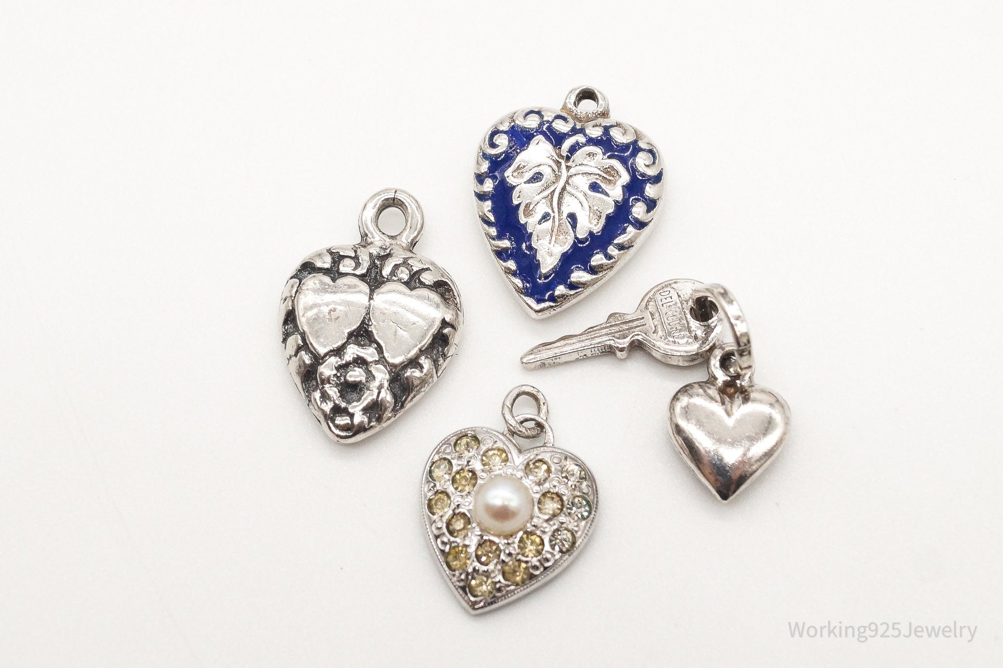 Antique Puffy Hearts Sterling Silver Bracelet Charms Set Lot