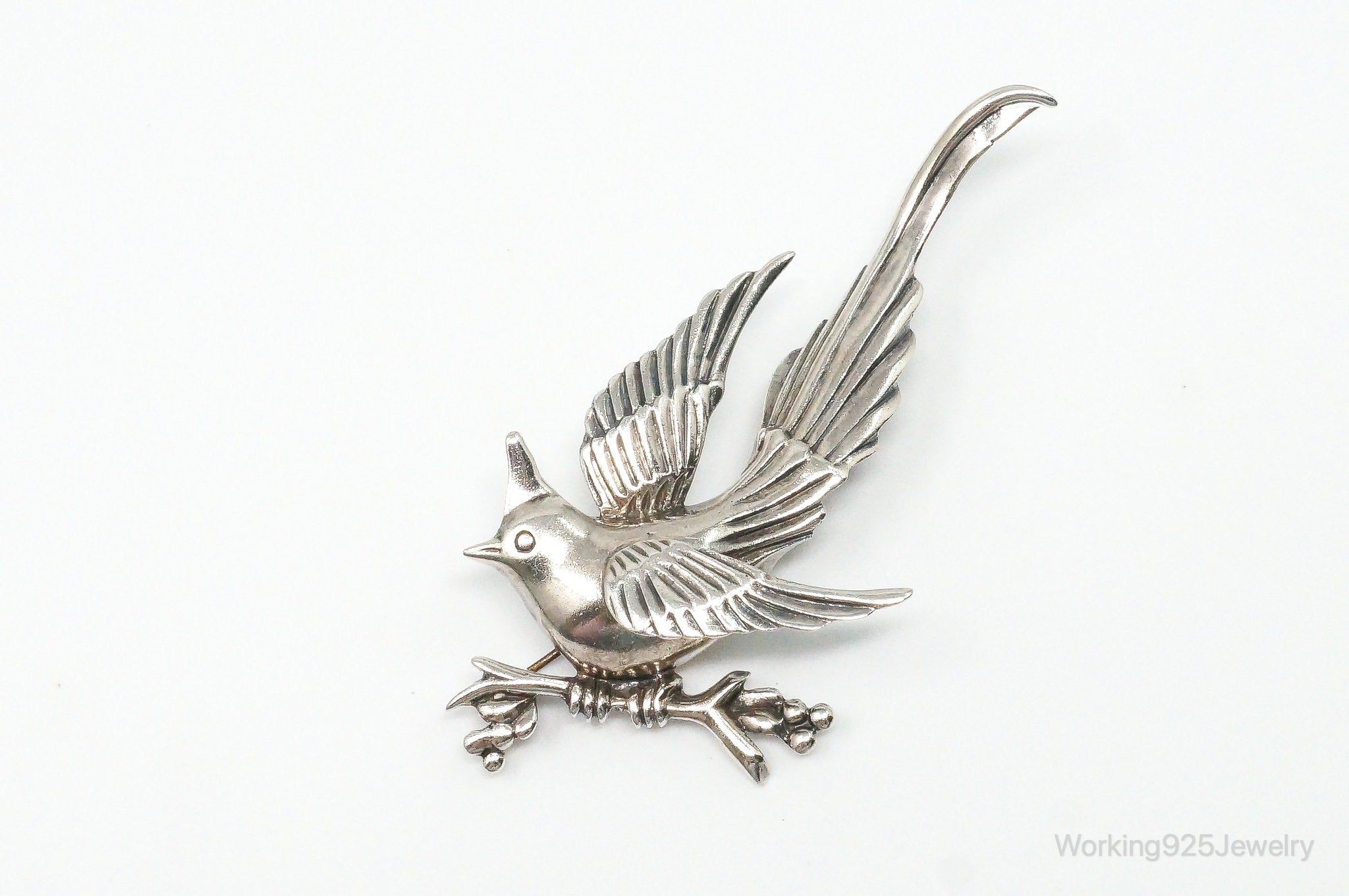 Large Heavy Vintage Mexico Perched Bird Silver Brooch Pin