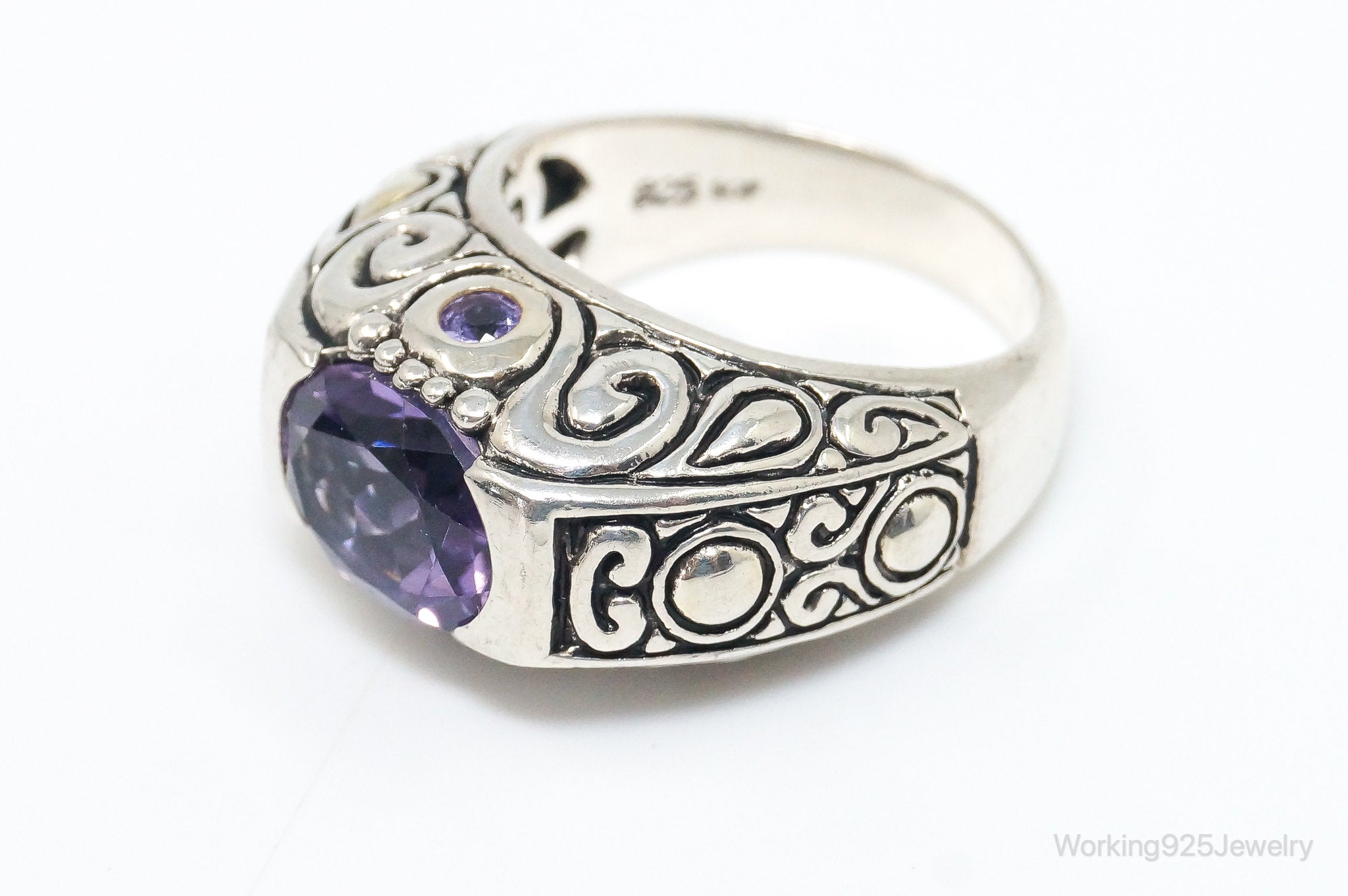 Vintage Designer Art Deco Large Amethyst Sterling Silver Ring - SZ 6.75