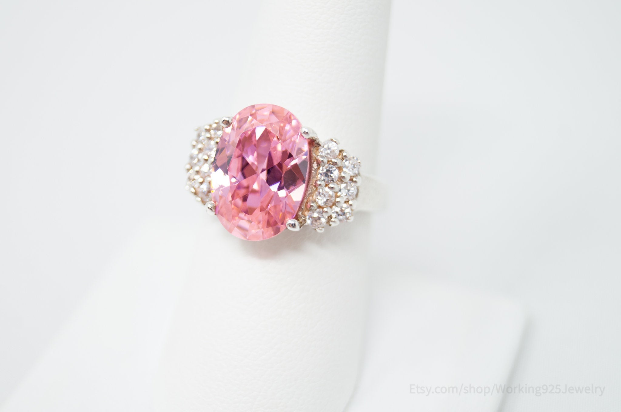 Vintage Art Deco Style Pink Topaz Cz Statement Ring Sterling Silver - Size 7.5