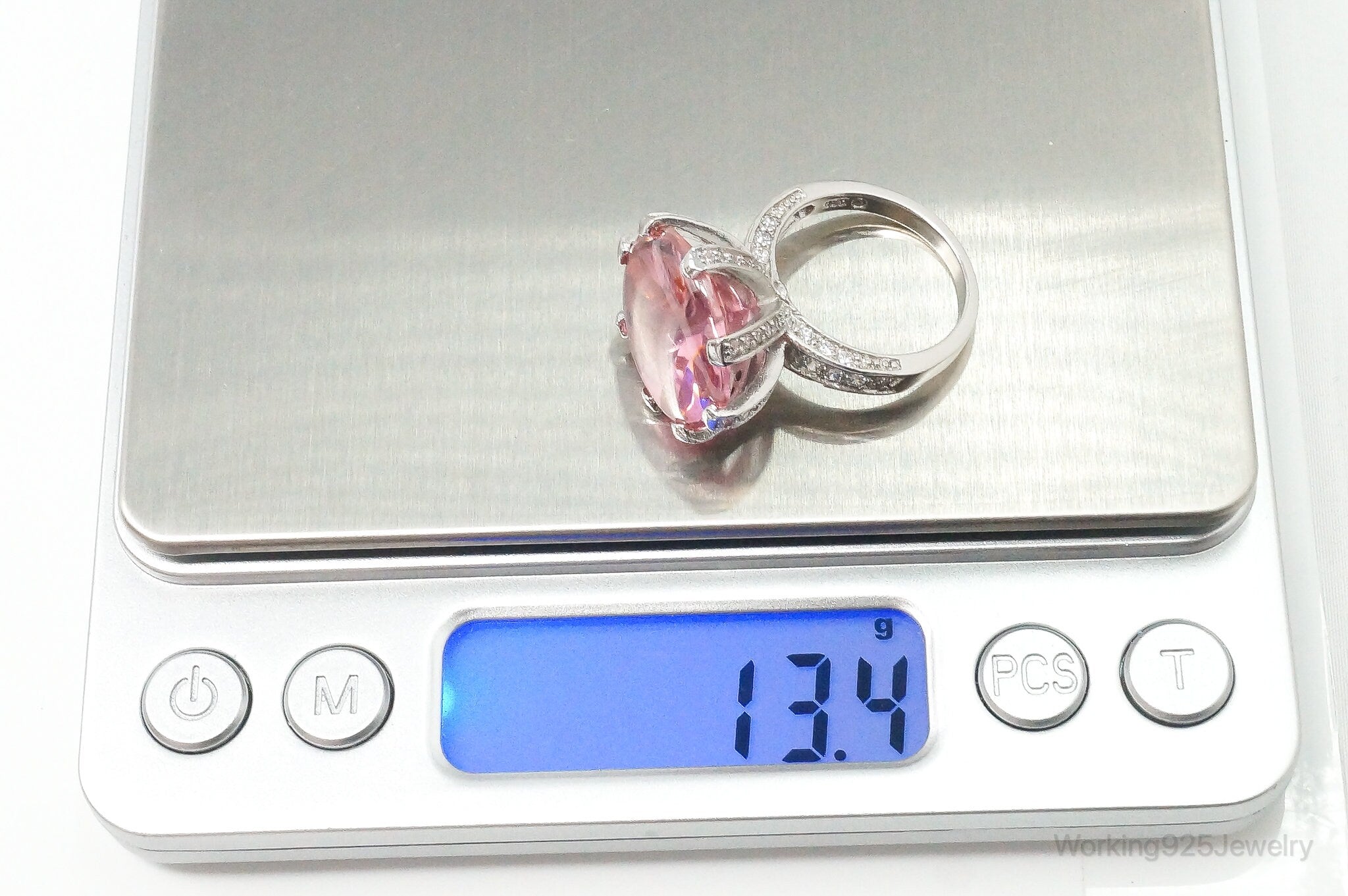 Designer Large Pink Art Glass Cubic Zirconia Sterling Silver Ring Size 7