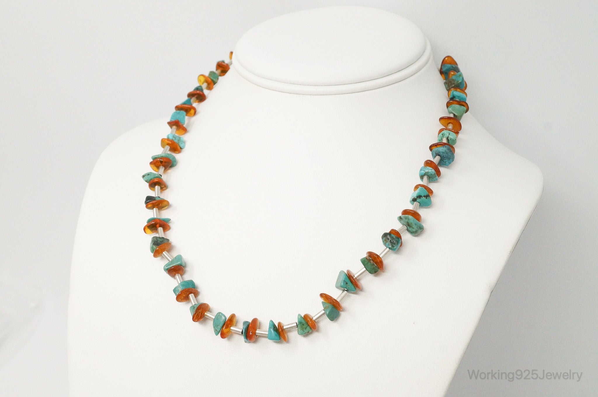 Designer Carolyn Pollack Relios Turquoise Amber Sterling Silver Necklace