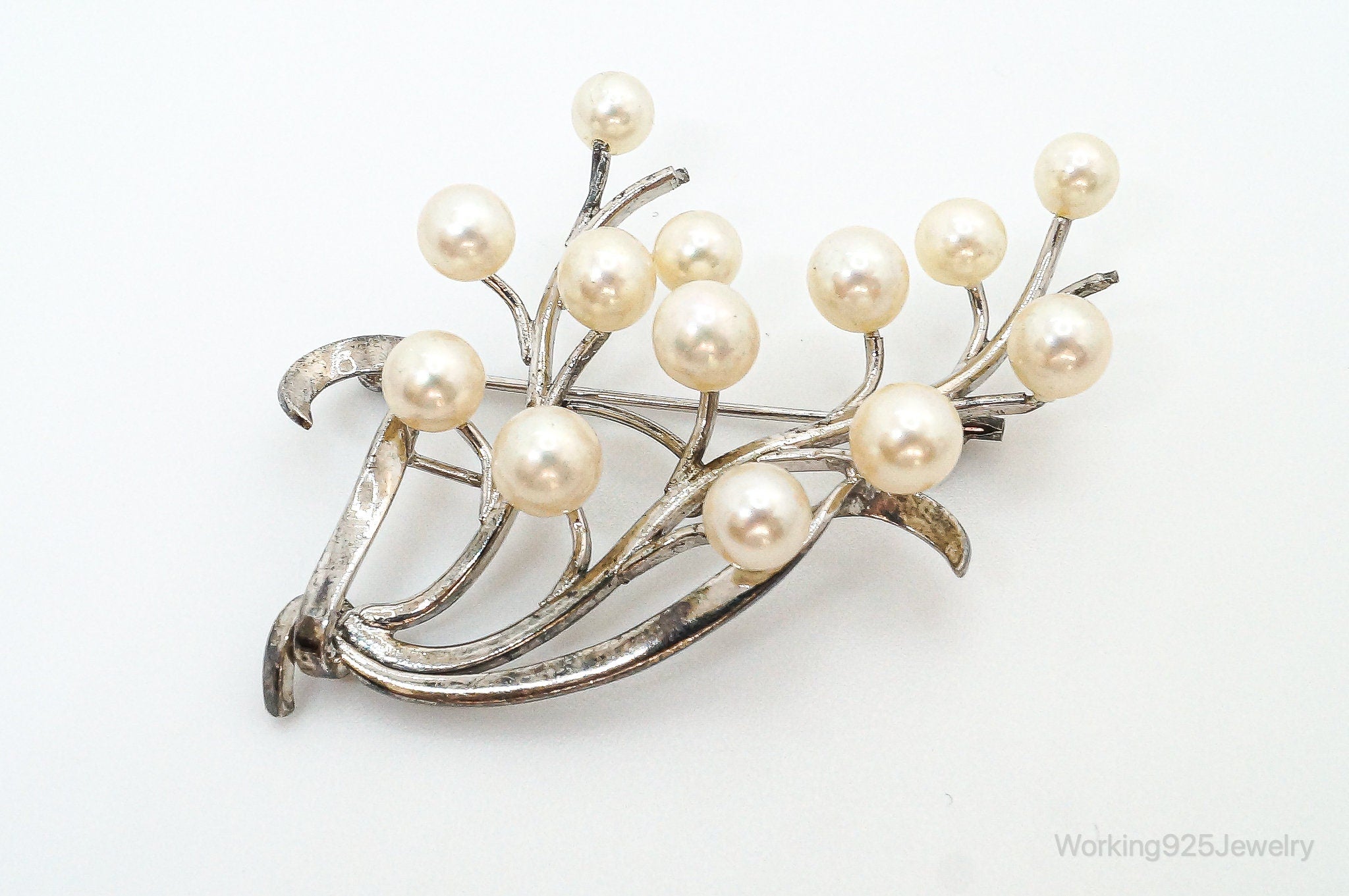 Large Antique Faux Pearl Sterling Silver Brooch Pin