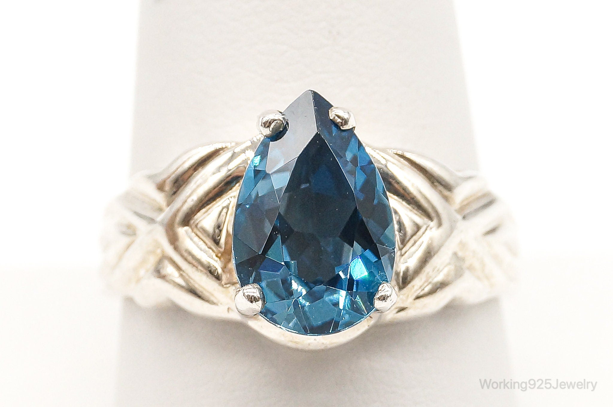 Vintage Large Blue Topaz Sterling Silver Ring - Size 10